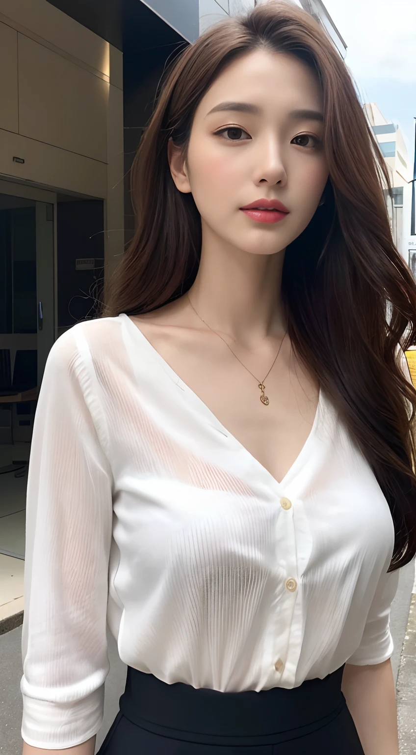 masterpiece, best quality, ultra high resolution (authenticity: 1.4), original photo, 35mm lens, Aperture F1.4, poster, light and shadow, a beautiful girl, white cardigan, long black hair, (Real skin 1.5）, (Skin details: 1.3)，best quality, 8k, masterpiece:1.3)), (Medium chest：1.2），Wear a pendant，White button-down shirt，belt，（Modern architectural background），The details of the face and skin texture are beautifully rendered，delicate eyes，double eyelids，Natural eyes，Smile