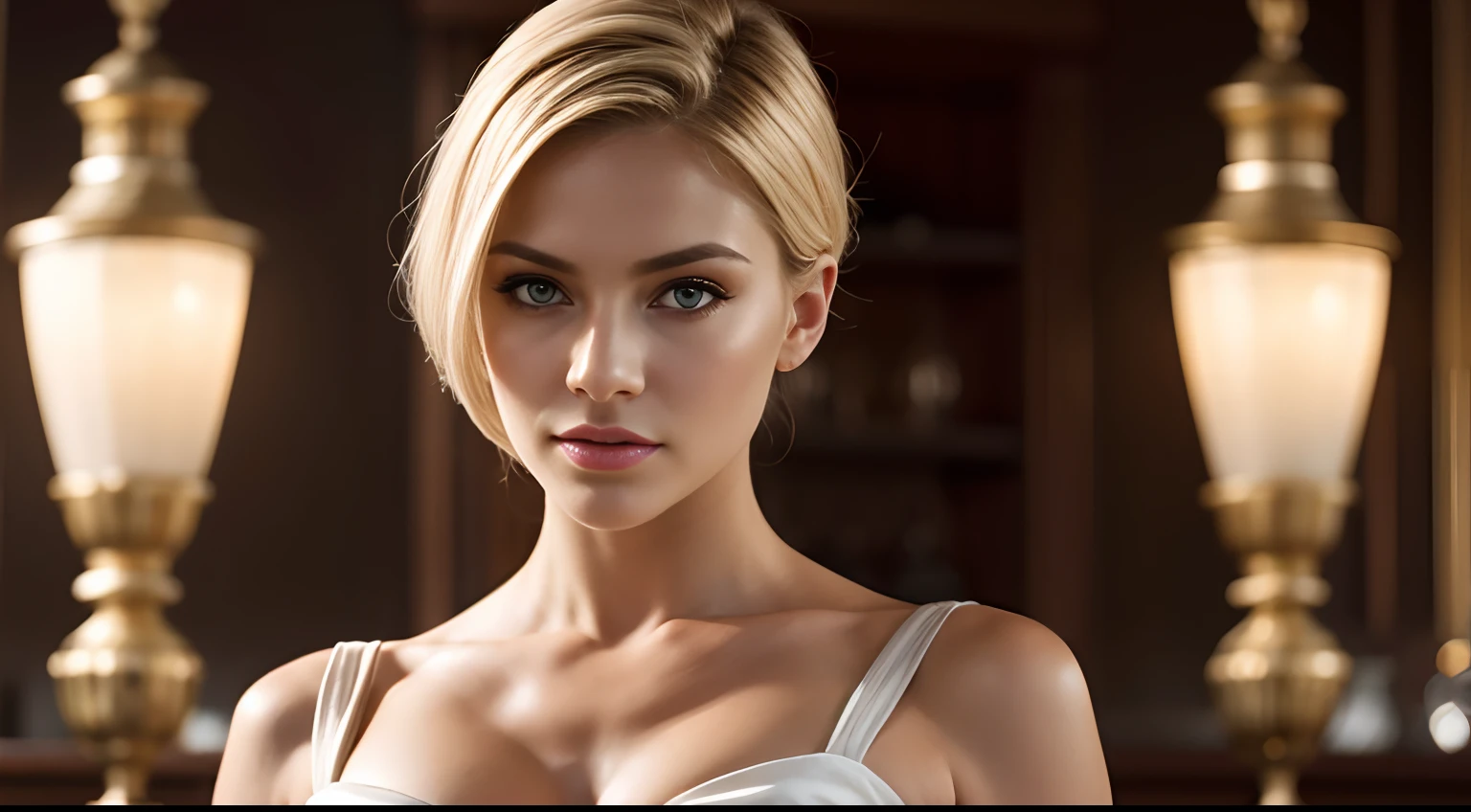 professional full body photo, (4k photo:1.1) by (Jeremy Lipking:0.3), (Dittmann Anna:0.3), (Arian Mark:0.3), (Sharp focus:1.3), high detail, elegant business woman, revealing white dress, restaurant, blond hair, instagram model pose, confident, fit girl, lean girl, small breasts:1.2, perfect anatomy, perfect symmetry:1.2, realistic, realistic face:1.2, perfect face, happy, confident, highly detailed, and dramatic, cinematic lighting, bright scene, soft lights