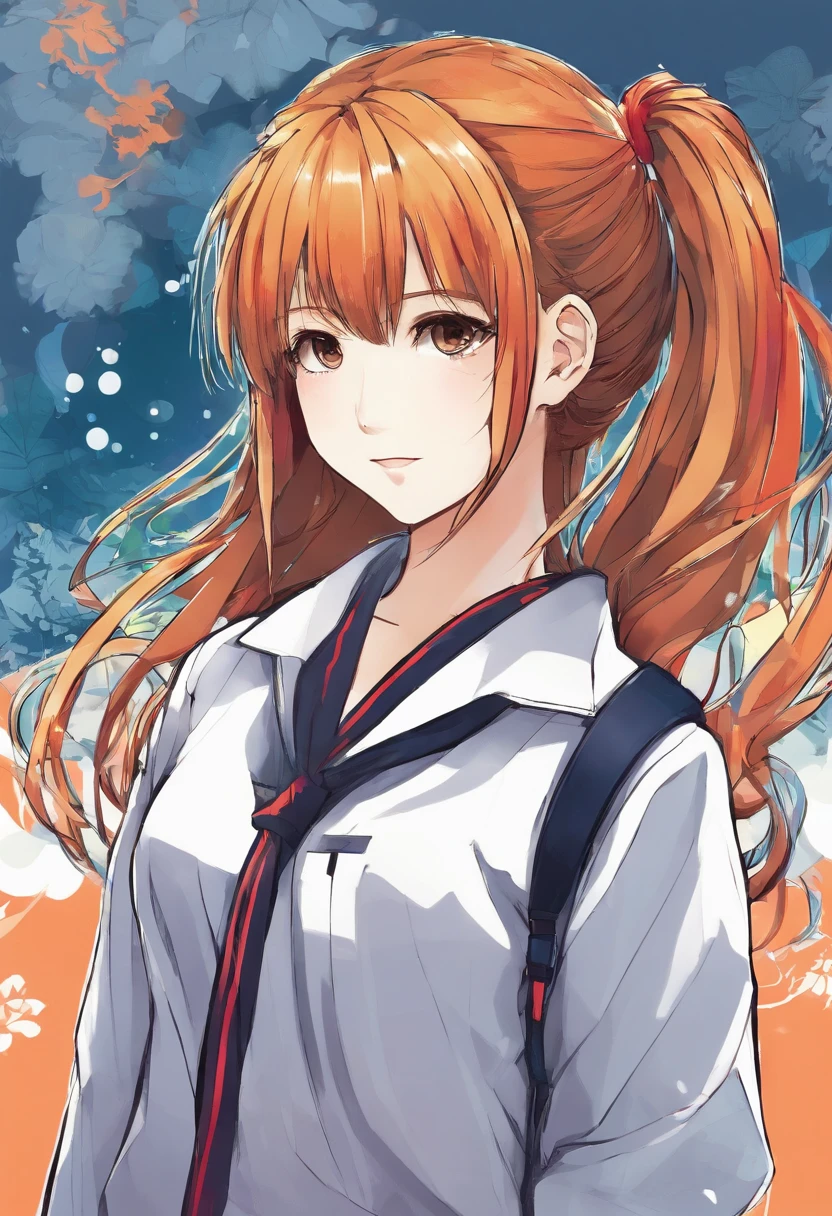 A foreign girl with two ponytails tied in front and loose hair in a Japanese school uniform on the back