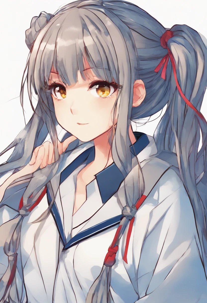 A foreign girl with two ponytails tied in front and loose hair in a Japanese school uniform on the back