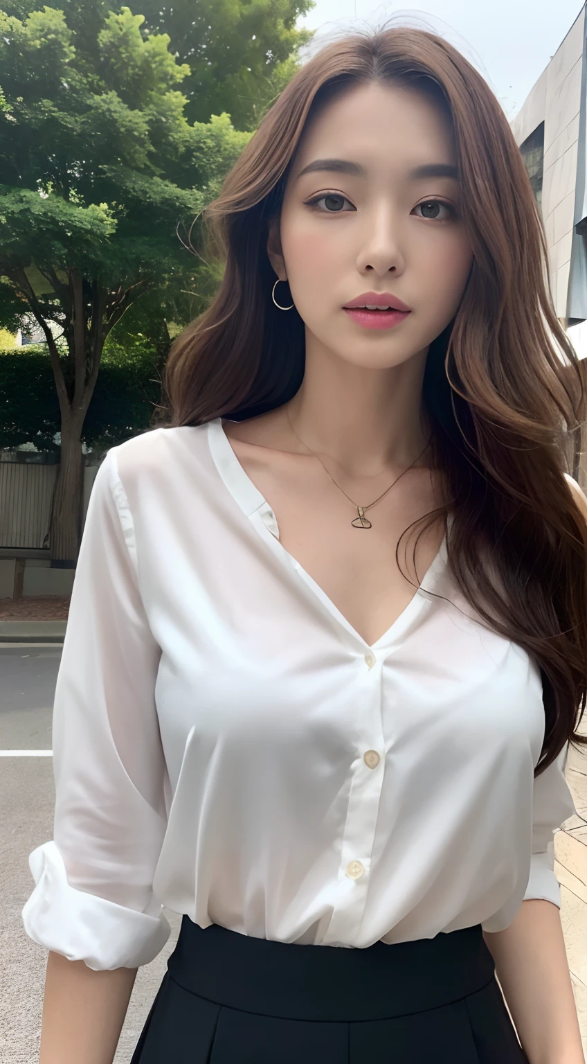 （best qualtiy，A high resolution，tmasterpiece：1.3），A tall and beautiful woman，Slender abs，Dark brown hair in loose wavy styling，Large breasts，Wear a pendant，white button-down blouse，obi strip，a black skirt，（Modern architecture in background），Beautifully rendered details in face and skin textures，Detailed eyes，二重まぶた