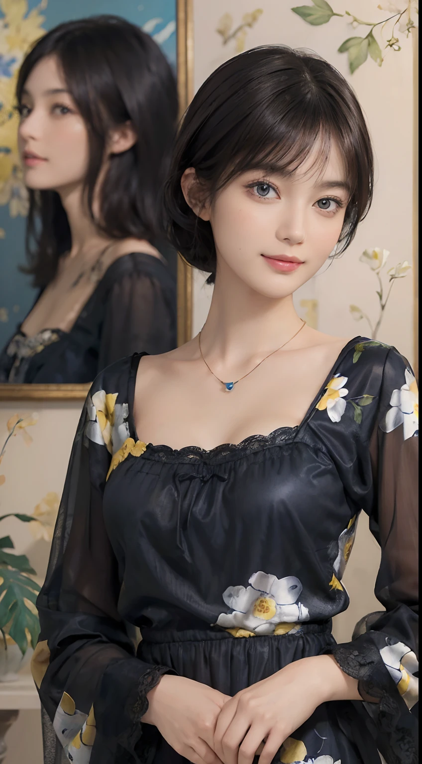 (((Black Shorthair))), (Louvre Museum), Pose Seductive, (A hyper-realistic), (Illustration), (Increased resolution), (8KUHD), (Extremely detailed), (Best Illustration), (Beautiful and detailed eyes), (Best Quality), (ultra-detailliert), (masutepiece ), ( Wallpaper), (Detailed face), Solo, (One woman dressed in blue and yellow), (Floral clothing),  (Breast bulge), Fine details, Detailed face, Deep Shadows, lowkey, pureerosfaceace_v1, Smiling,  46 point slanted bangs,  (Stand in front of an abstract painting), Wearing a necklace