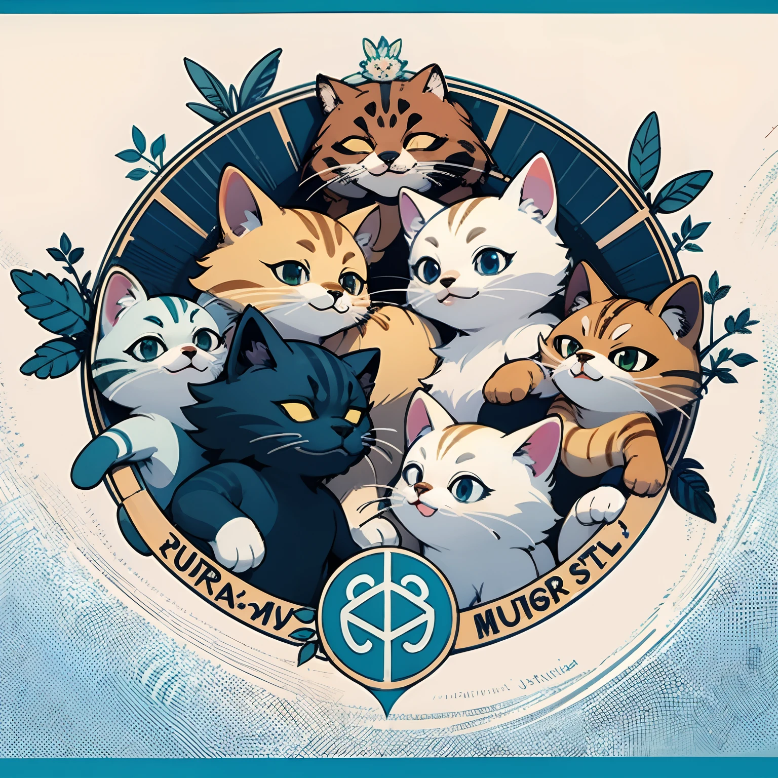 top-quality、top-quality、logo mark、stamp、Geometric pattern、vector-art、High-quality illustrations by Alfons Mucha、​masterpiece(Furry、furry anthro)florals、Pixel art、Three-headed body、Cats