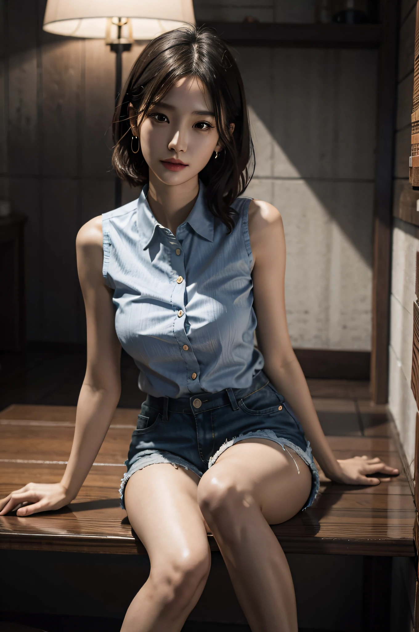 (very huge round breasts, perfect anatomy:1.4), (short hair, wavy hair, full body:1.1), (sleeveless, collared shirt, Beach shorts:1.4), whole body, RAW photo, extremely delicate and beautiful, masterpiece, Best Quality, ultra high resolution, 16k, hyperrealistic, ultra-detailed, Very detailed CG 8k wallpaper, Beautiful Lighting, Perfect Lightning, Realistic Shadows, super Detailed shiny skin, perfect figure, Japanese woman, late 20s, Slim body, Slim abdomen, very small head, handsome detailed woman, very detailed eyes and face, realistic face proportions, Stunning detailed eyes, Realistic beautiful face, very small face, Realistic small beautiful eyes, double eyelids, makeup, tearful mole, mole on chest, earring, bare legs, beautiful and very thin legs, beautiful and very thin thighs, narrow waist, (cleavage, Soft midriff, Fine Collarbone, off-shoulder:0),