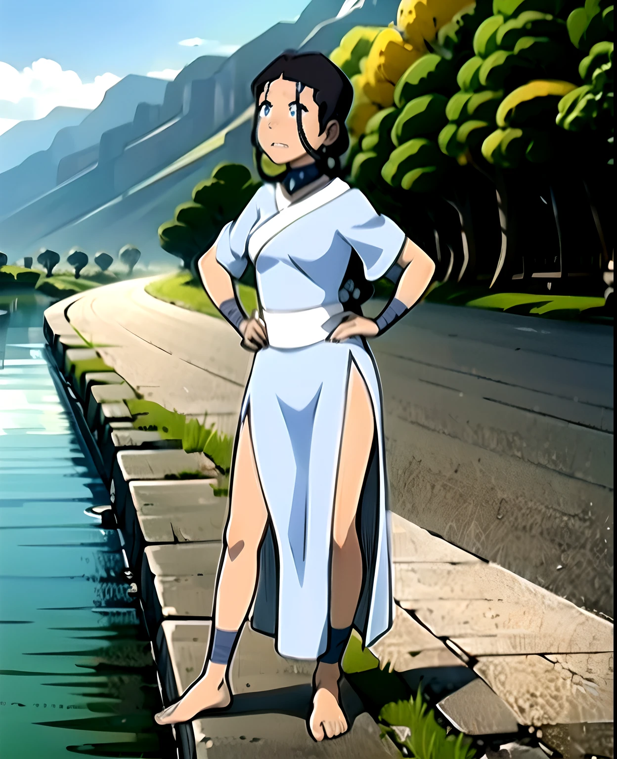 Obra maestra, La mejor calidad, teen ((Katara)), Entonado, dark skin, trenza, jewely, Mirando al espectador, vestido corto, vestido levantado, vestido blanco, on the river, sol, Revelar bajo vestido, normales senos, no shoes , Mostrar bragas blancas, mostrar piernas, sexy pose, ((ojos azules:0.6))