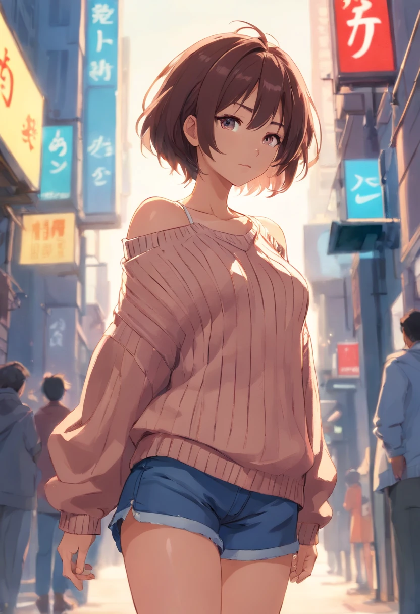 (), big boobs,(masterpiece), best quality, extremely detailed, (watercolor), bloom, delicate and beautiful, illustration, (from below),(1girl:1.4), (solo:1.2), large breasts, (ribbed sweater:1.3), off-shoulder sweater, (short shorts:1.2), bare shoulders, (underboob), ((dark skin:0.8)), beautiful eyes, (disheveled hair ), photography, over-the-shoulder shot, by Alex Maleev, professional, canon camera, nikon camera, sharp, bokeh, studio quality, fisheye lens, by Robert Capa ,
