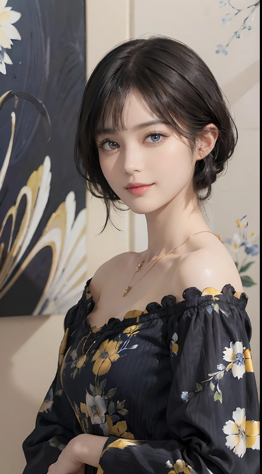 (((Black Shorthair))), (Louvre Museum), Pose Seductive, (A hyper-realistic), (Illustration), (Increased resolution), (8KUHD), (Extremely detailed), (Best Illustration), (Beautiful and detailed eyes), (Best Quality), (ultra-detailliert), (masutepiece ), ( Wallpaper), (Detailed face), Solo, (One woman dressed in blue and yellow), (Floral clothing),  (Breast bulge), Fine details, Detailed face, Deep Shadows, lowkey, pureerosfaceace_v1, Smiling,  46 point slanted bangs,  (Stand in front of an abstract painting), Wearing a necklace
