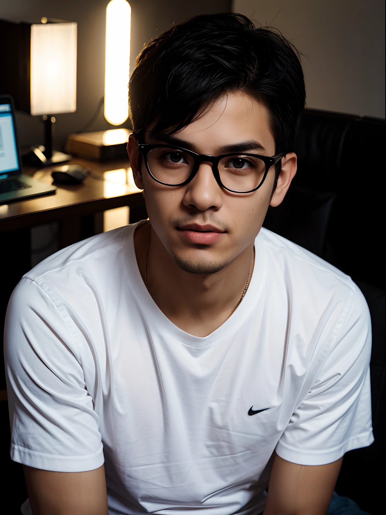 RAW Photo, DSLR BREAK
(kkw-ph1:0.9) BREAK
half body portrait of 1 young 20yo man, black hair, wearing plain white t shirt, wearing black rayban eyeglasses, perfect eyes, black eyes, perfect lips, shaved, with goatee, perfect nose, professional color graded, wonderful man, dark background, filipino, pinoy, philippines, with laptop, using his computer