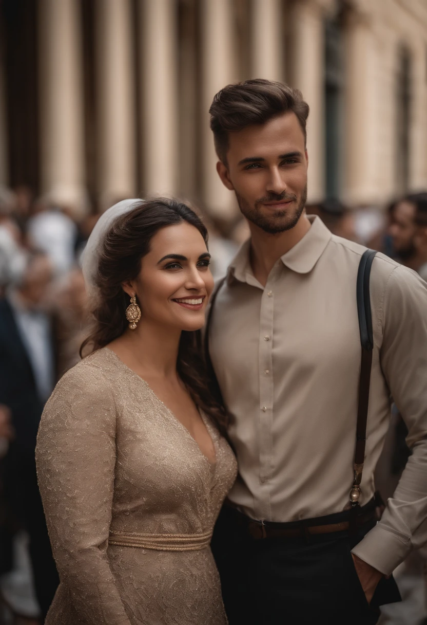 The couple stands up in the crowd smiling, Dans le style du Nikon D850, Neoclassical symmetry, Mode de rue, beige, Photo d’archive, Hurufiyya, Photorealistic portrait, Define faces, nez distinctifs, Focus sur les articulations/Connexions