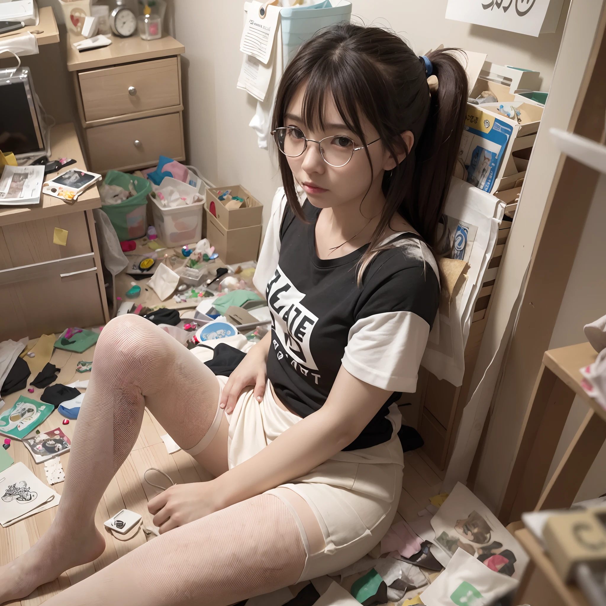 (8K、Raw photography、Top image quality、​masterpiece、:1.2)、(realisitic、Photorealsitic:1.37)、1人、独奏、(Sitting on the garbage in an incredibly dirty room、Cute Japan girl operating smartphone:1.4)、Anime Otaku Girls、A dark-haired、short-hair、dishevled hair、Unkempt hair、bangss、Happy expression on face、Small bust、Wearing glasses、Anime Character Print T-Shirt、a miniskirt、head phone、Sitting on the floor、Agra、Room full of garbage、Garbage with rolled tissue、Surrounded by mountains of cartoons、Lots of anime character figures are on display.、Anime poster on the wall、Potato chips on the desk、Spilled potato chips、Roll Energy Drink、Scattering of food waste、Messy room、Underwear left undressed on the floor、超A high resolution、physically-based renderingt、cinematlic lighting、dynamic ungle