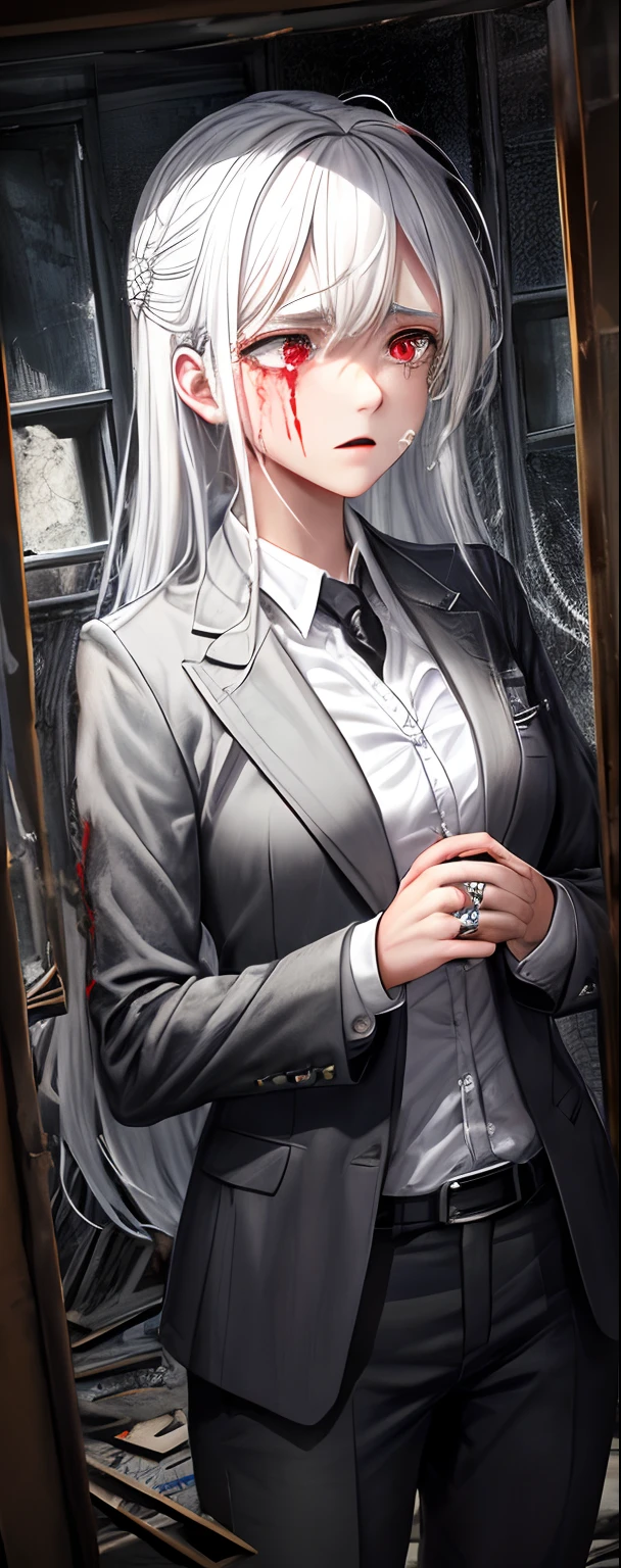 1girll, White hair, Red eyes, (a matural female,Woman,Married women_Shot:1.2), Face focus, Long hair, side locks,Collapsed crying,Extreme panic,After being violated ,Scared,(terrified:1.1) expression, holding teddy bear, Atmospheric lighting, Moody, Darkness, In an abandoned old museum, Clear glass display case full of interesting items, Dusty, Post-apocalypse, spiderwebs, masterful, Beautiful 8k wallpaper, Extremely detailed, Intricate,Wear a black and white suit,Broken clothes,Bleeding in the lower body