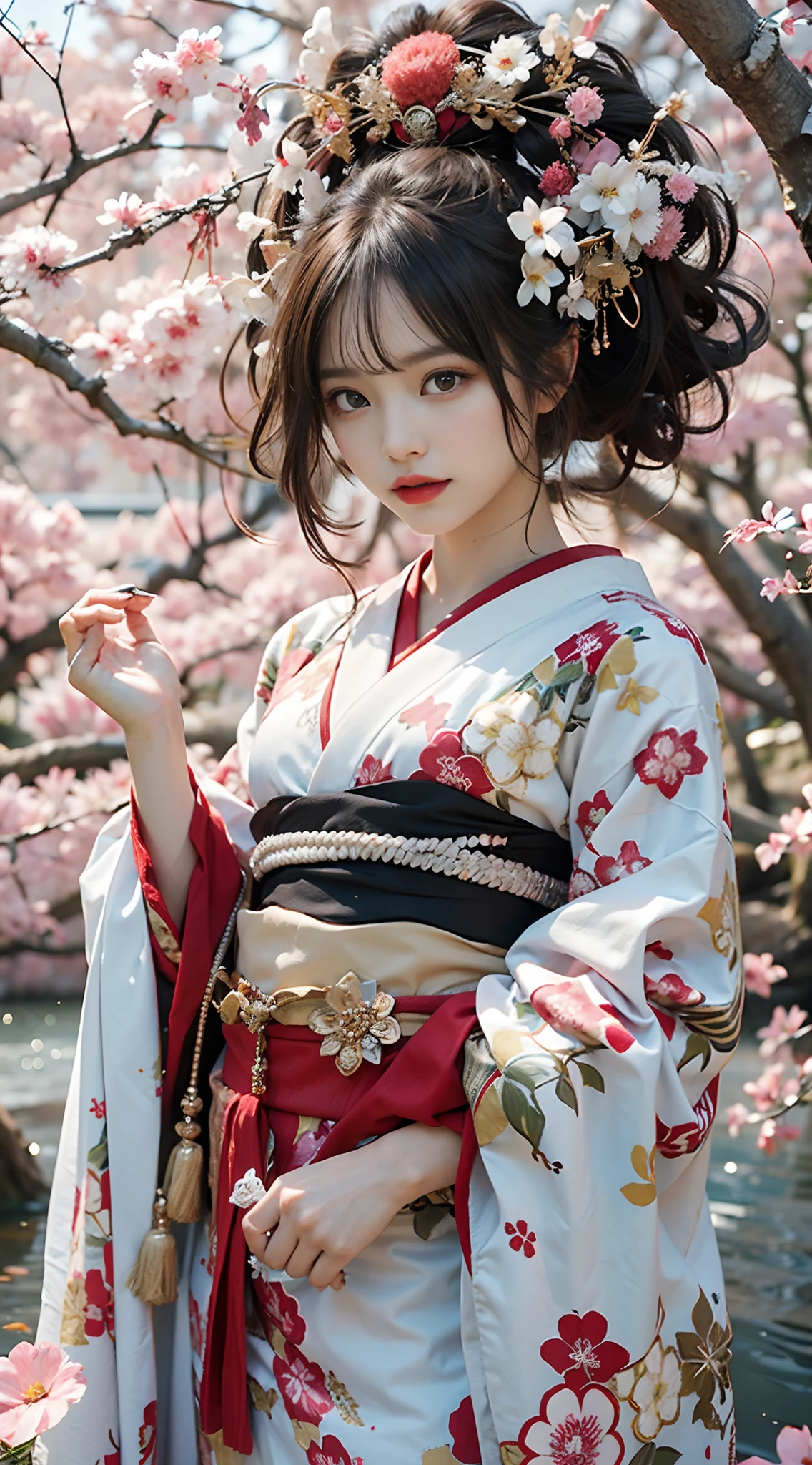 In a futuristic scene, Geisha in Japan with mechanical reinforcement、Elegant in elaborate gardens. She has beautifully detailed eyes and lips that complement her face. Geishas wear traditional kimonos with intricate patterns and designs. Around her are bright cherry trees and a quiet carp pond. The scene is painted with a blend of illustration and photorealism, Ultra-detailed brush strokes and clarity, Vivid colors. Lighting emphasizes the elegant features of the geisha, Gives her porcelain skin a soft glow. Artwork is of the highest quality, 4K or 8K resolution, Showcase the intricate details of geisha attire, cherry trees, And the shimmering scales of carp. The overall color scheme is、It is a combination of traditional shades of Japan, Crimson, etc., blacks, and subtle gold accents, With a futuristic twist. The fusion of ancient traditions and modern technology is、Create captivating and visually striking masterpieces.