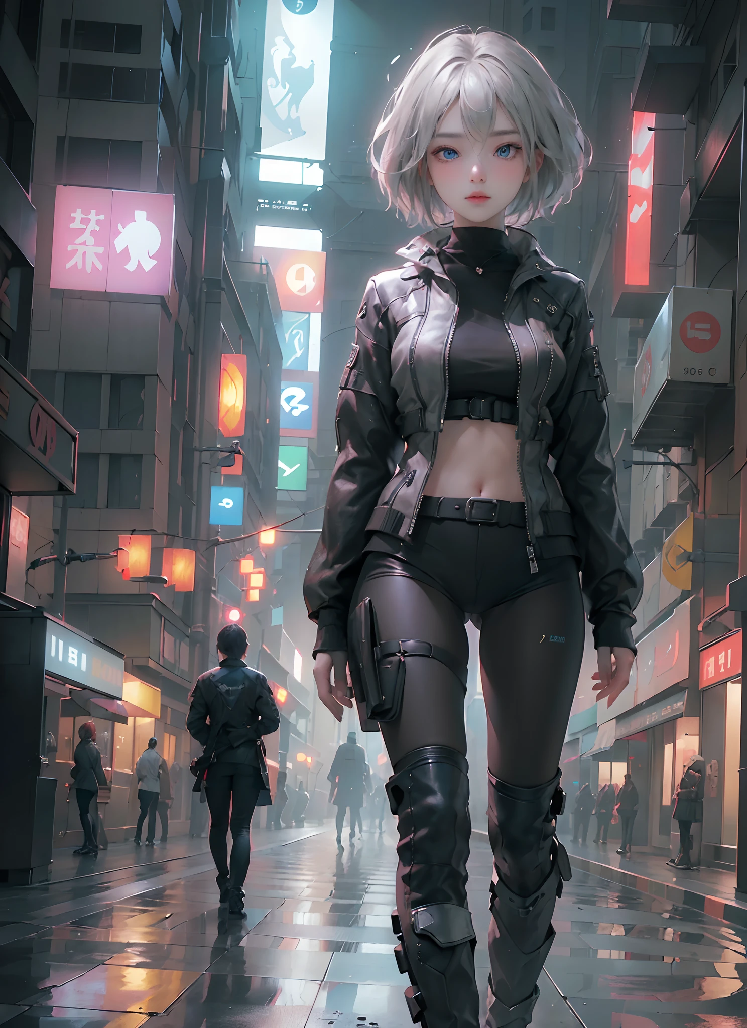 ((top-quality)), (((masterpiece)), (detaileds: 1.4), 3D, Beautiful Cyberpunk Woman Image, bob cuts, Broken black tights, leather clothes, Electromechanical, nffsw(HighDynamicRange), Ray traching, NVIDIA RTX, Hyper-Resolution, Unreal 5, Sub-surface scattering, PBR Texture, Postprocess, Anisotropy Filtering, depth of fields, Maximum sharpness and acutance, Multilayer Texture, Albedo and Highlight Maps, Surface Coloring, Accurate simulation of light-material interactions, perfectly proportions、octane renderings、two tone lighting、Large aperture、Low ISO、White Balance、thirds rule、8K Raw、masterpiece、top-quality、(8k extremely detailed CG unit wallpaper)(top-quality)、(The best illustrations)、(Best Shadows), innocent blue eyes, long hair, big titt