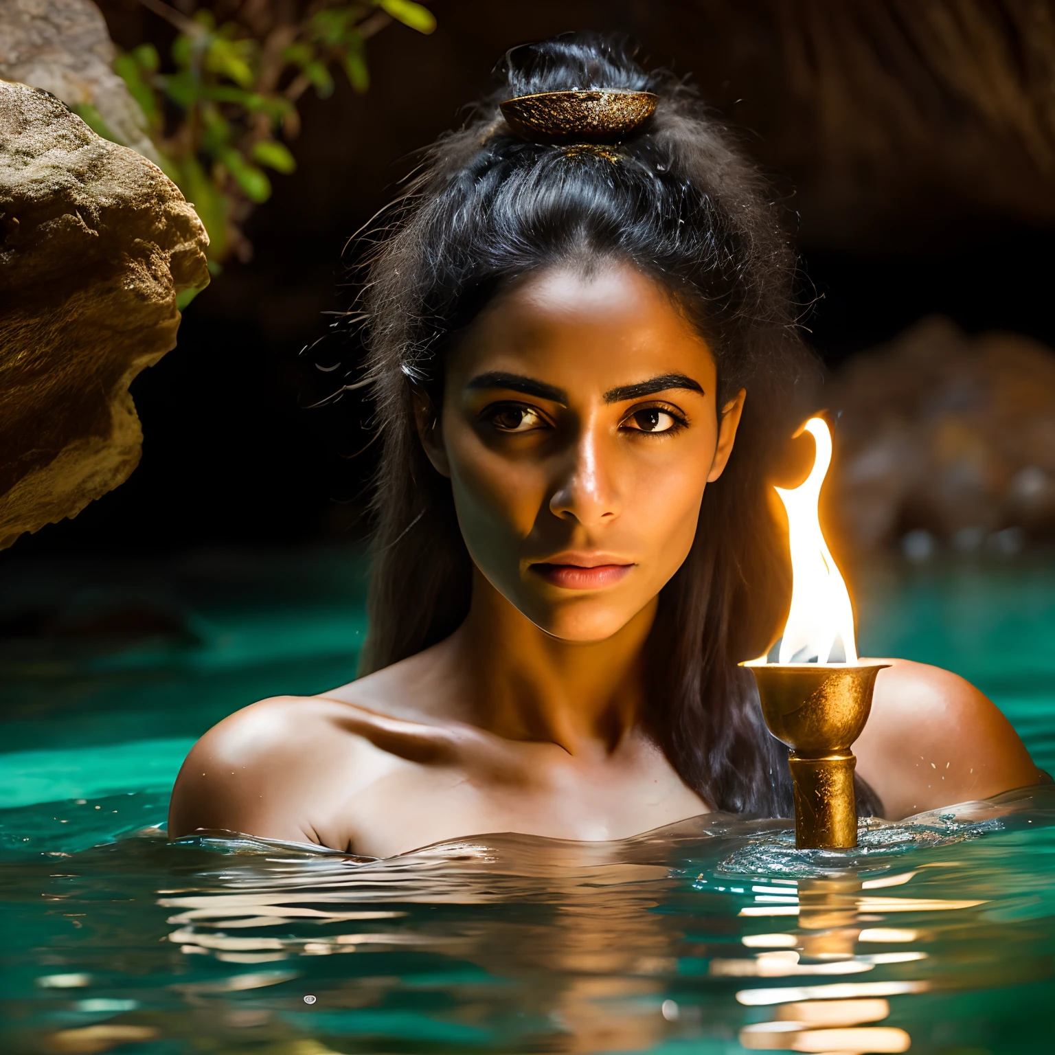 Realistic photo from a pretty kazak tribe woman holding a torch fall in water in the amazon cave, wet hair and body, perfect anatomy, detailed face and eyes, dynamaic candid poses, mystery beautiful cave landscape background, daramatic moment, water, unique plants, aesthetic cave, dramatic dark ligh, cinematic wide portrait view, sharp focus, nat geo photo style, RAW pohoto, highly detailed, high texture, ultra hd, ultra realistic photography, 8k
