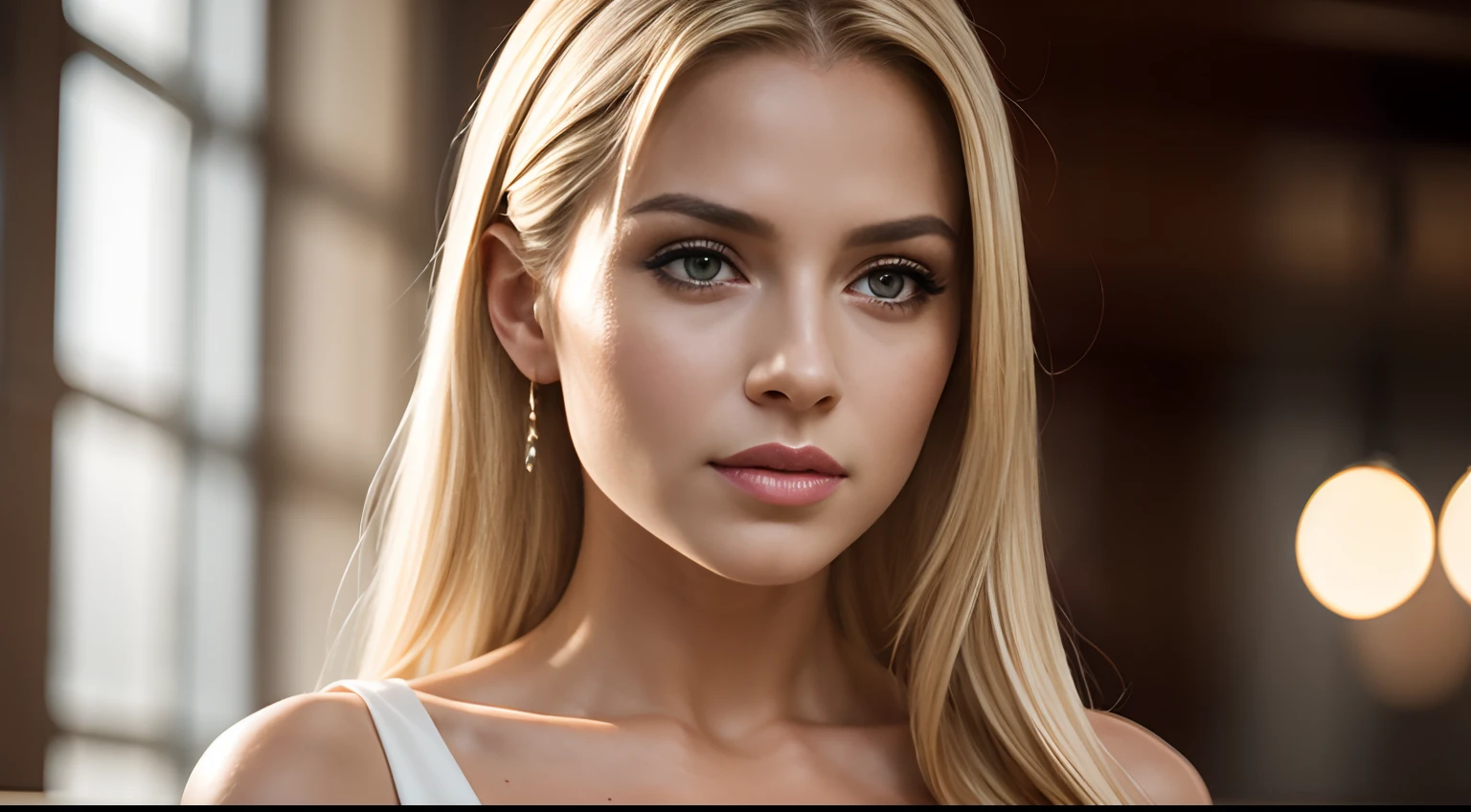 professional full body photo, (4k photo:1.1) by (Jeremy Lipking:0.3), (Dittmann Anna:0.3), (Arian Mark:0.3), (Sharp focus:1.3), high detail, elegant business woman, revealing white dress, restaurant, blond hair, instagram model pose, confident, fit girl, lean girl, small breasts:1.2, perfect anatomy, perfect symmetry:1.2, realistic, realistic face:1.2, perfect face, happy, confident, highly detailed, and dramatic, cinematic lighting, bright scene, soft lights