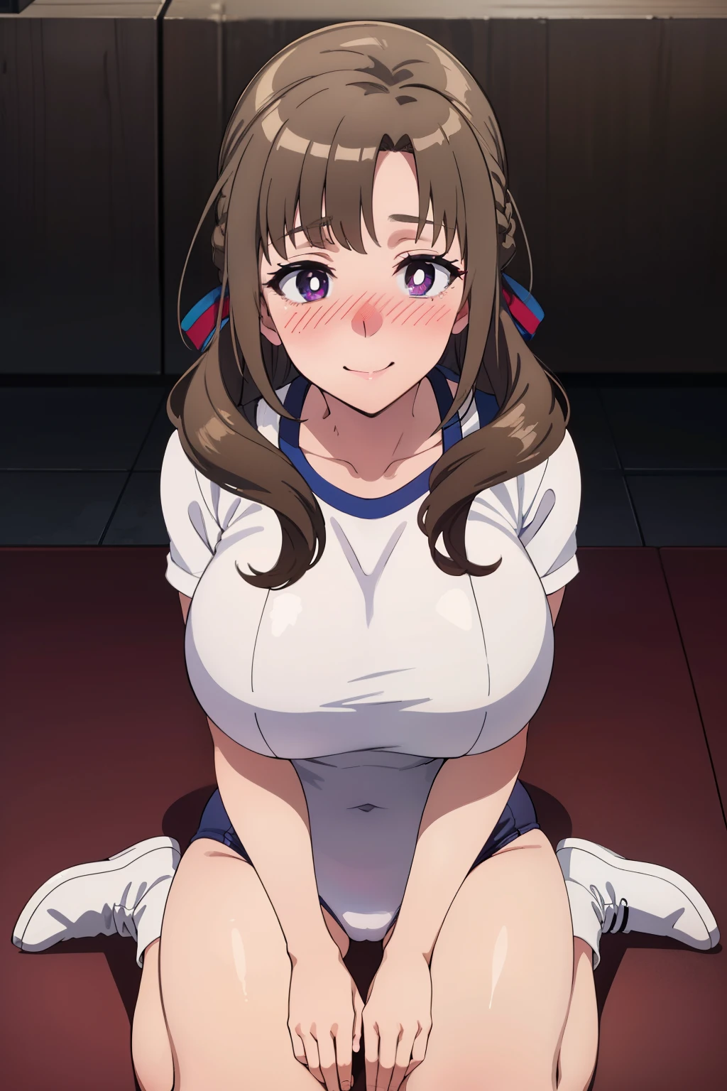 best quality, high resolution, 1girl, (huge breasts:1.2), from above, looking up, sitting, wariza, Beautiful face, gorgeous eyes, (nose blush:1.2), smile, mamako_oosuki, mature female, long hair, brown hair, purple eyes, bright pupils, ribbon, white leotard, sports gym