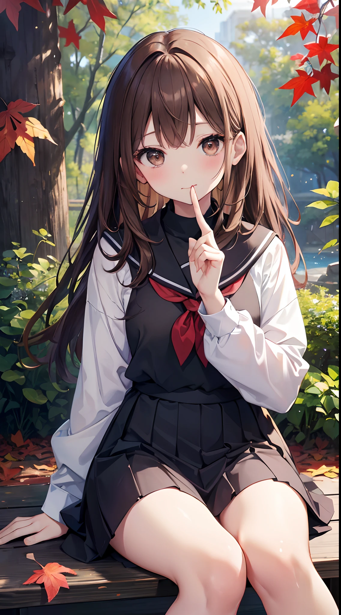 Hi-Res、masterpiece、Brown hair、Soio、Female one、hi-school girl、Schools、Colored leaves、sitting on、细致背景、A detailed eye,Brown eyes、(put index finger on mouth:1.2)、,Beautiful and perfect legs, Clean and perfect hands
