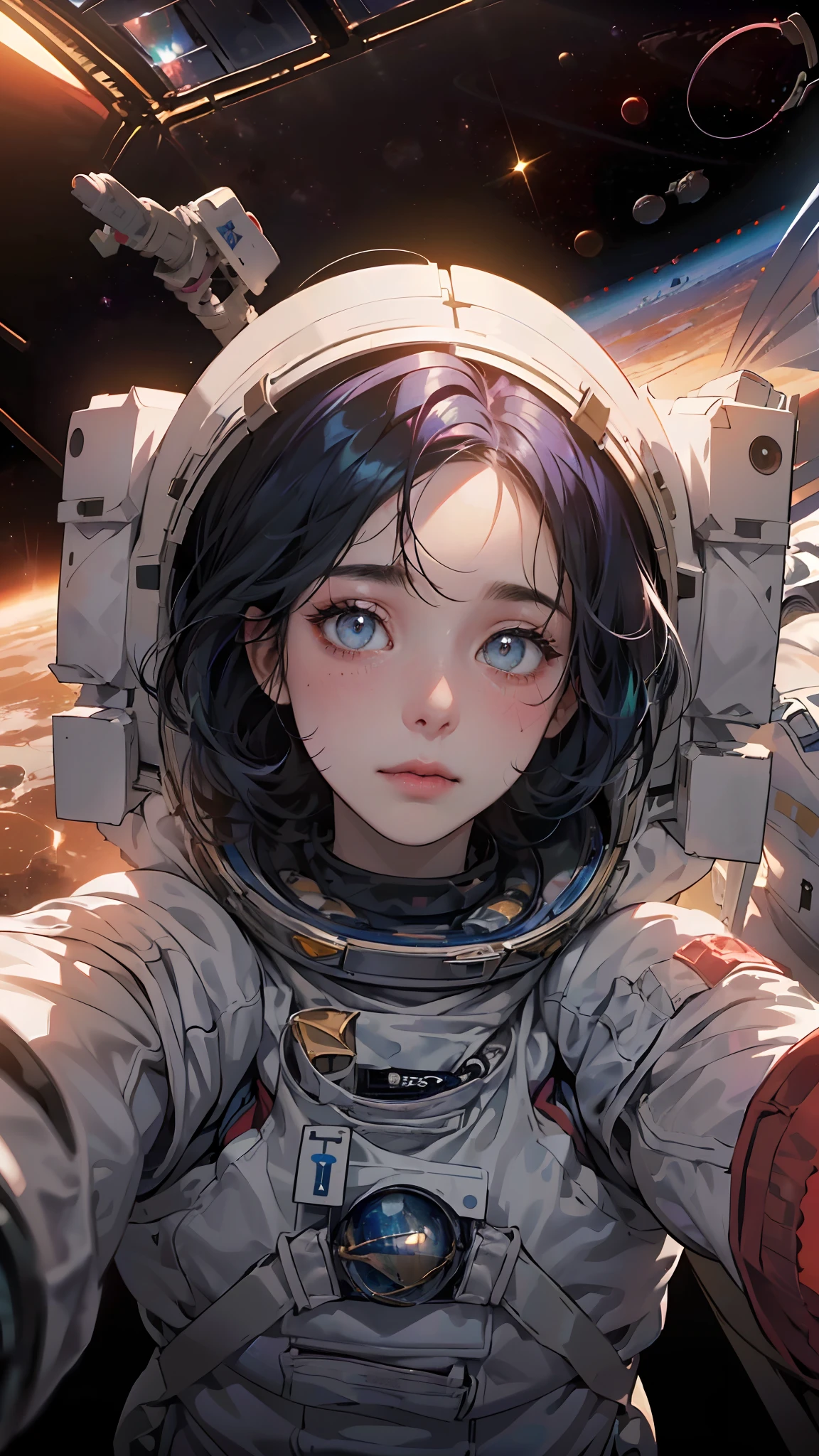 (Ultra-futuristic design spacesuit)、Create ultra-detailed and futuristic images of beauty astronauts,(Innovative design of the spacesuit) 、(((((A spacesuit with a body line)))))、26 year old、(((A slender)))、Earth Eye、((((((Photorealsitic)))))、high-level image quality、Raw photo、8K、((((Iridescent inner hair)))、((((((Work in space))))))、A futuristic space city is in the background、red blush、Shy、seductived faced