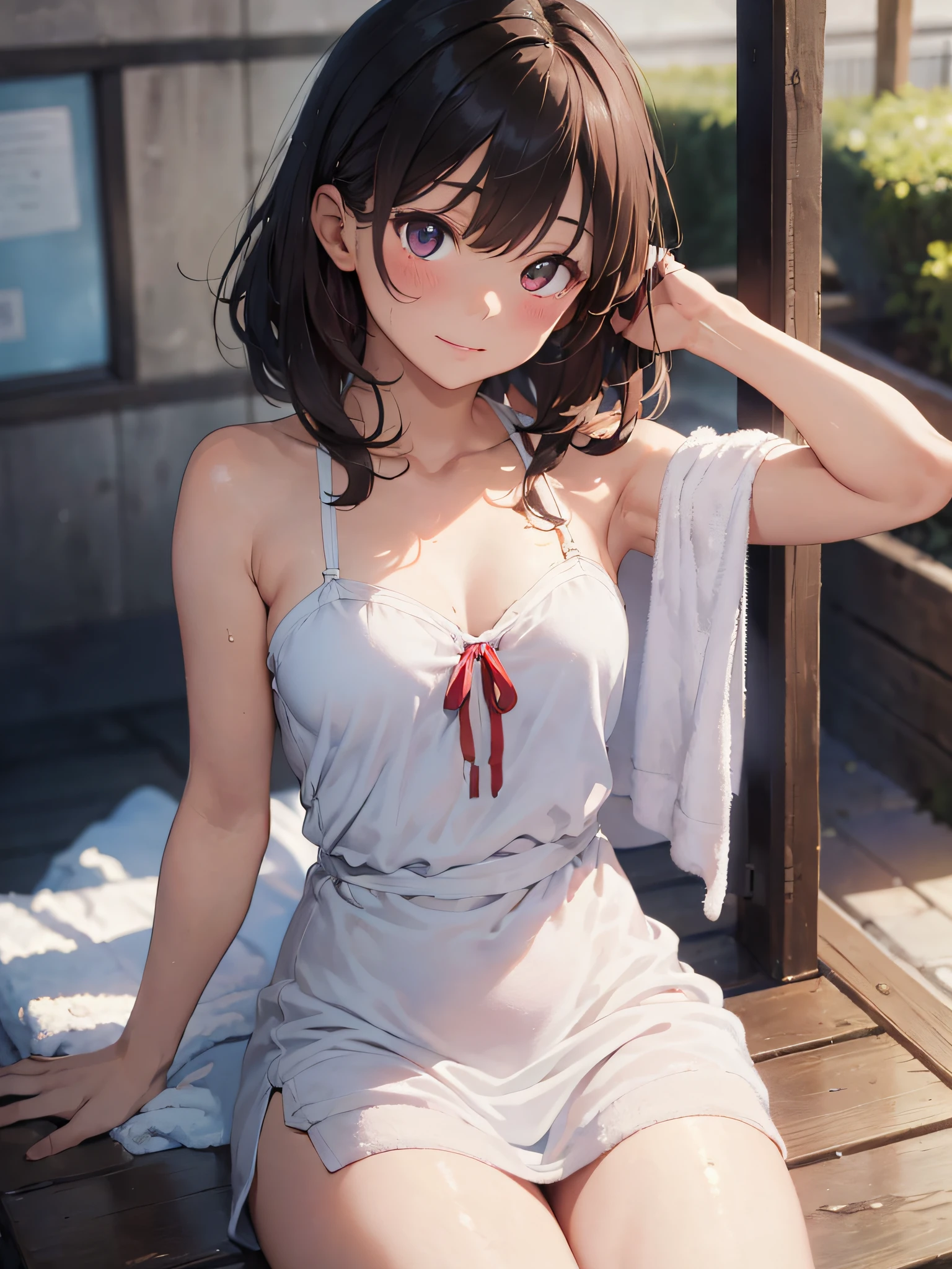 (masterpiece:2.0), (top-quality:2.0), (white Tube top extremely short length dress made by towel:1.5), (perfect exposed shoulders:1.5), (perfect exposed nape:1.5), (super sexypose:1.5), (blushed face:1.3), (barechested:1.3), (realistic:1.5), 1 girl, precise small hands, Embarrassed look, light smile, extremely cute girl, innocent face, young face, Clear eyes, Shining eyes, shoulder is visible, small breast, thigh is visible, No pubic hair, The beautiful skin, ultra-definition, Top resolution, japan high school student, brown hair