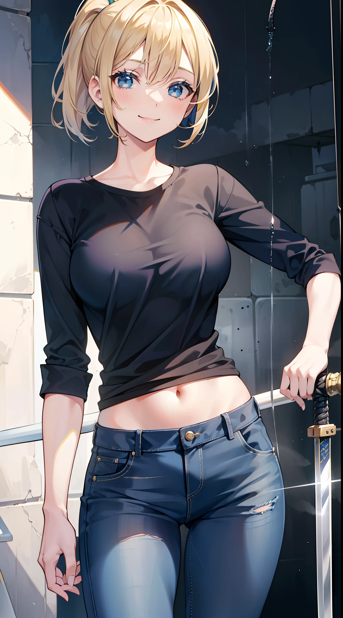 (masterpiece, highest quality:1.2), 1 girl, alone,Are standing_Split, Dragon Ball Android 18, short hair, blue eyes, blonde hair, blue jacket