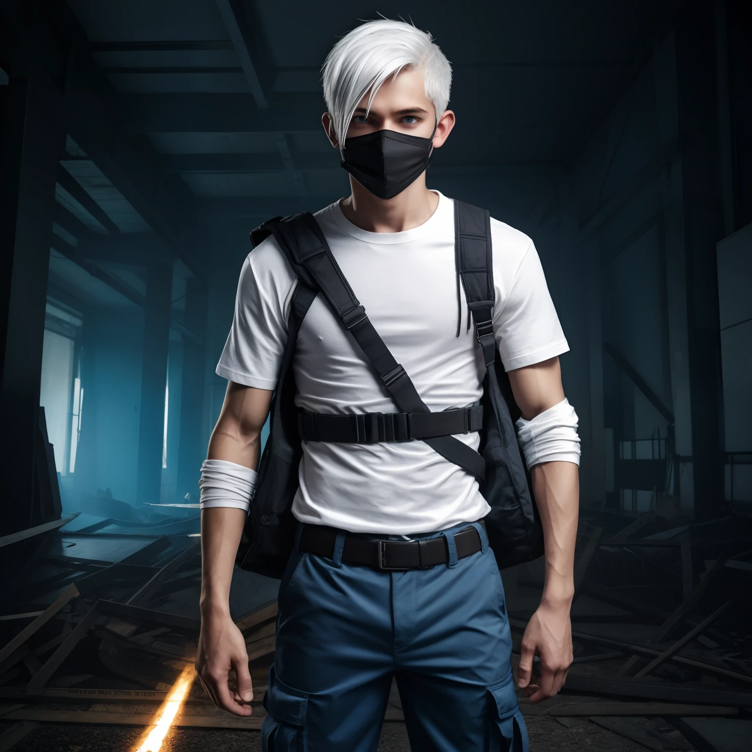 male posing, downed cargo pants, skinny body, atmospheric, cute face, white hair, mask, dead inside, plaid shirt, anger