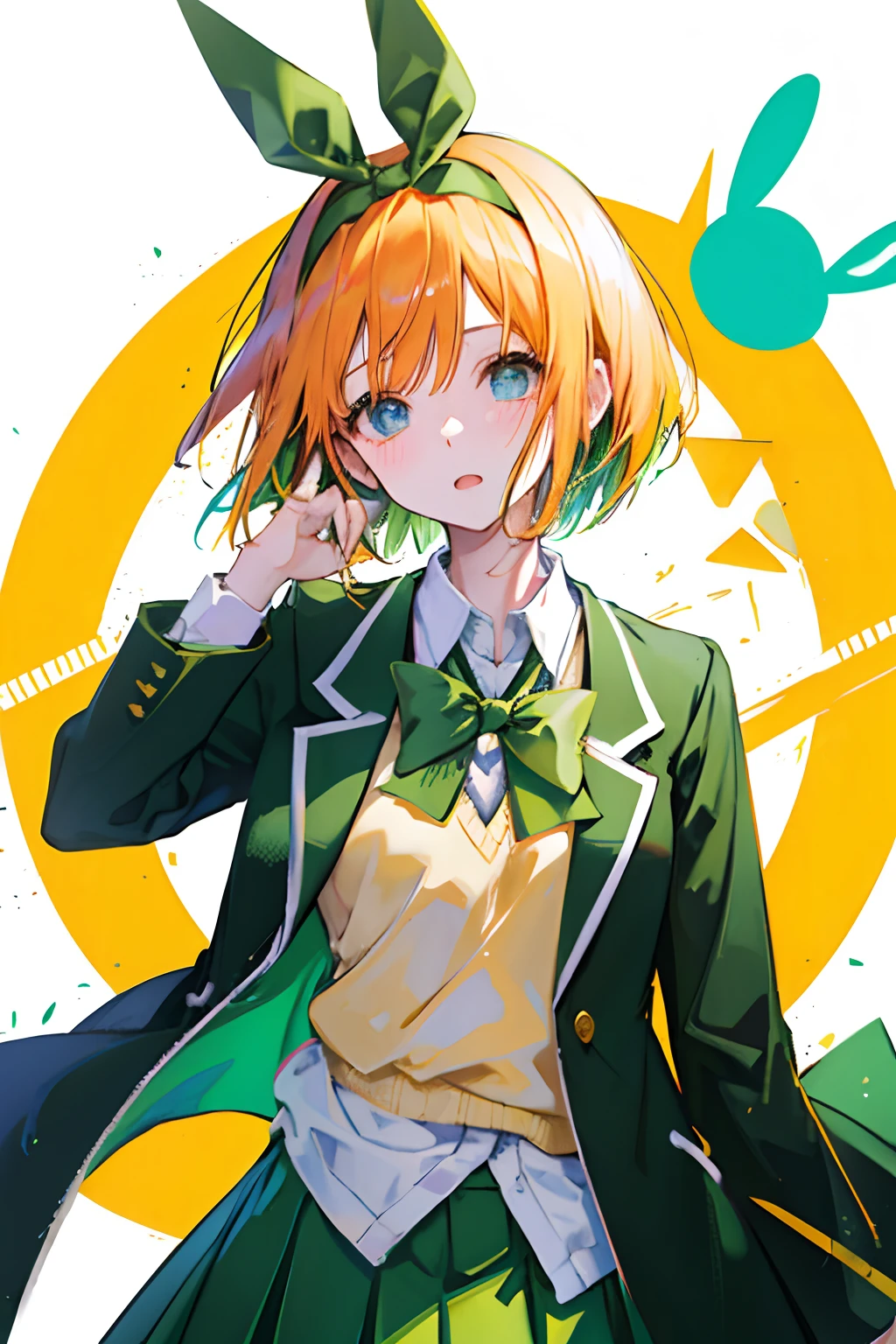 nsfw,green ribbon headband with wire, green rabbit ear,solo,bob cut, school uniform,orange hair, blue eyes ,green skirt,floating,black jacket, yellow sweater, open jacket,school,Top image quality,Masterpiece,Best Quality