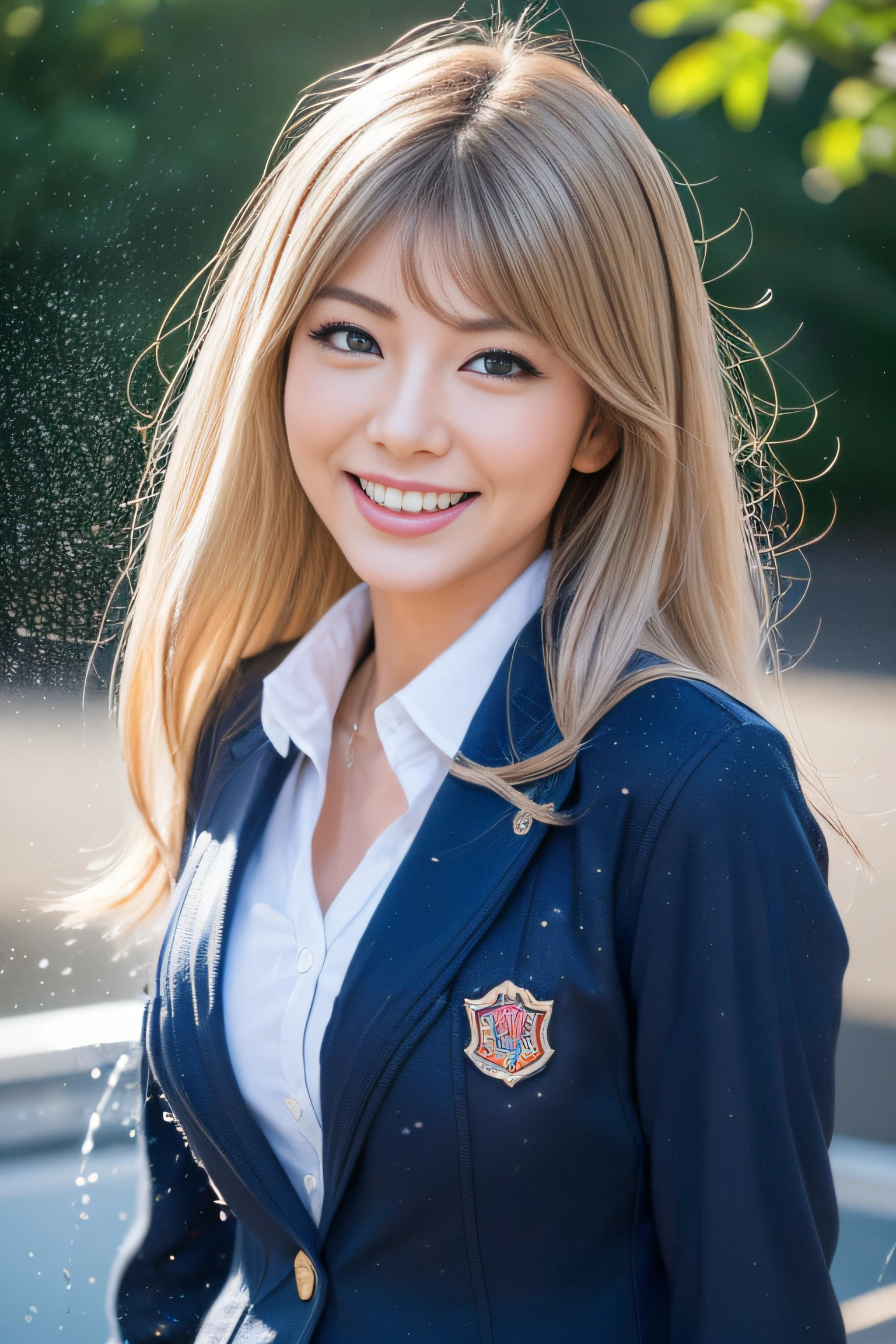 (masterpiece:1.2), ultra detailed, ultra high res, (realistic, photo realistic:1.37), high detail RAW color photo, professional photograph, an extremely delicate and beautiful, extremely detailed, 8k wallpaper, Amazing, finely detail, huge file size, extremely detailed beautiful girl, extremely detailed face, extremely detailed eyes, extremely detailed skin, extremely detailed fingers, extremely detailed nose, extremely detailed mouth, perfect anatomy, highly detailed background, (a famous actress of Japan:1.3), (gyaru:1.4), (flat chest:1.2), Dynamic lighting, (school uniform, blazer:1.4), (splashing:1.4), (laugh:1.1), (wet skin), (full body:1.35), (water drops), (schoolyard:1.5), looking at viewer, lens flare