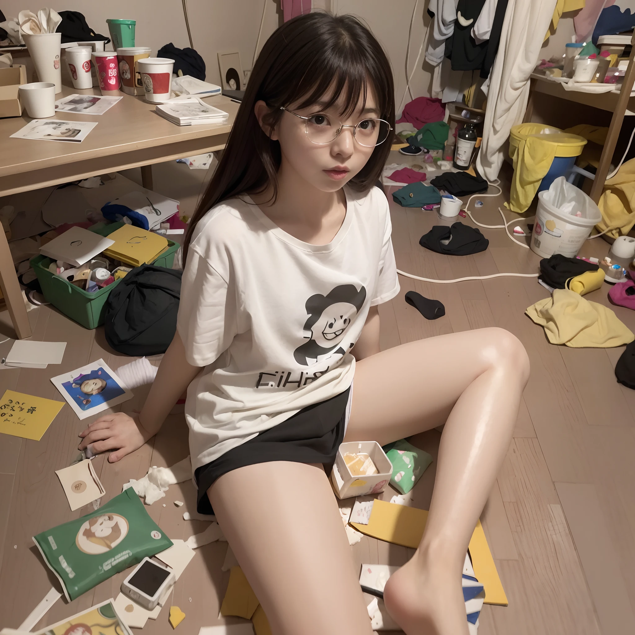 (8K、Raw photography、Top image quality、masterpiece、:1.2)、(realisitic、Photorealsitic:1.37)、1人、独奏、(Sitting on the garbage in an incredibly dirty room、Cute Japan girl operating smartphone:1.4)、Anime Otaku Girls、A dark-haired、short-hair、dishevled hair、Unkempt hair、bangss、Happy expression on face、Small bust、Wearing glasses、Anime Character Print T-Shirt、a miniskirt、head phone、Sitting on the floor、Agra、Room full of garbage、Garbage with rolled tissue、Surrounded by mountains of cartoons、Lots of anime character figures are on display.、Anime poster on the wall、Potato chips on the desk、Spilled potato chips、Roll Energy Drink、Scattering of food waste、Messy room、Underwear left undressed on the floor、超A high resolution、physically-based renderingt、cinematlic lighting、dynamic ungle