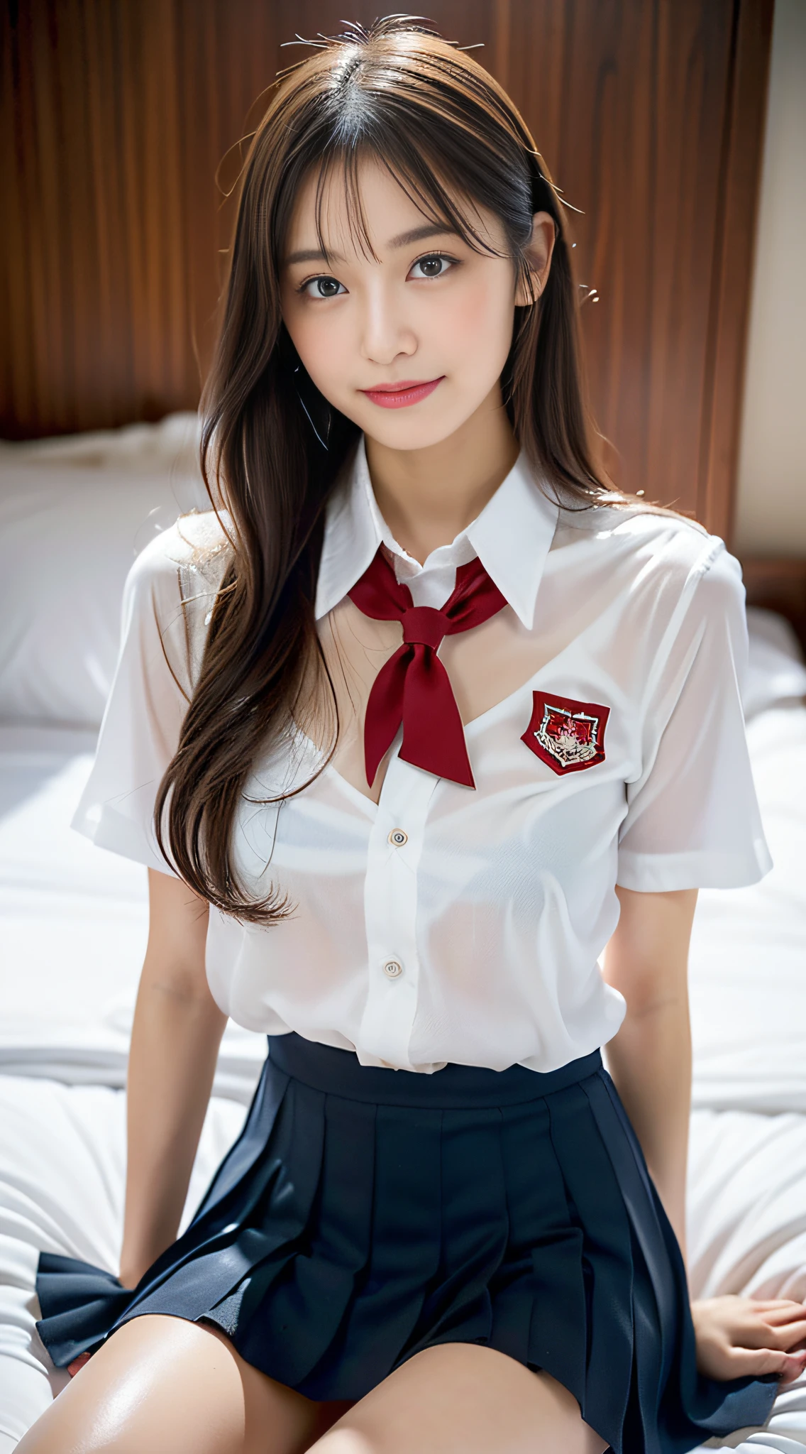 (((32k,high detal,high-detail、masterpiece,Attention to detail,full body Esbian,Lori,独奏))),Raw photo & realistic atmosphere,beautiful dark blue eyes,Detailed mouth,Glossy lips,Detailed eyebrows,Eyes drawn in detail with soft white skin that shines with every detail、Very beautiful eyes with black eyes,Detailed lips、Very beautiful face,Very well-formed face、Lifelike face,shiny beautiful lips,Beautiful eyebrows,Infinite reality,Japan High School Uniform Best Design, Realistic Young Gravure Idol, Very cute high school girl, , japanese girl school uniform,, Young Sensual Gravure Idol, Young Gravure Idol, Beautiful and sexy17 old schoolgirl,the whole body is wet,dripped out,with a flushed face,Incredibly beautiful sexy17 year beautiful girl,The body is dripping wet,Sheer clothing,Hair is wet,Dripping water,dripping,a miniskirt(,bare-legged,,Wet and see-through short-sleeved shirt,Beautiful kind eyes,Looking at the camera:1.5),(Beautiful smooth legs,Exposed thighs,Pull up your buttocks,Gentle smile,well-shaped breasts,,Immature body,Beautiful and sexy schoolgirl unusual design uniform in red and black,semi-long hair of shiny crimson color,,Super emphasis on bare thighs,Sexy dark room bed on bed,White floral short-sleeved shirt,Red Micro Mini Pleated Skirt,Sit on the bed and get down on one knee:1.9)