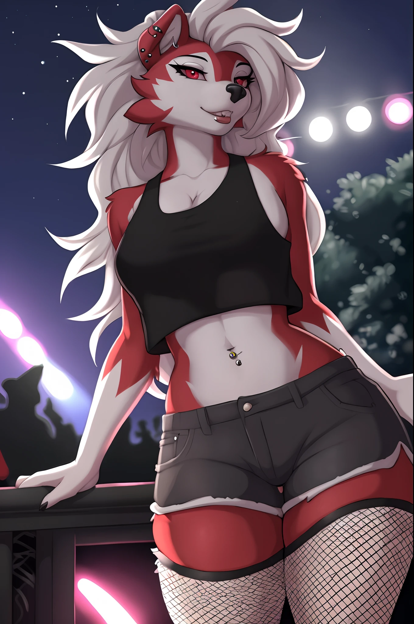 midnight lycanroc, red eyes, by jay naylor, by hyattlen, by braeburned, wearing black shorts, black fishnet leggings, ear piercings, lip piercings, black tank top, thick thighs, outdoors, at a concert, nighttime, vibrant lights in the background,