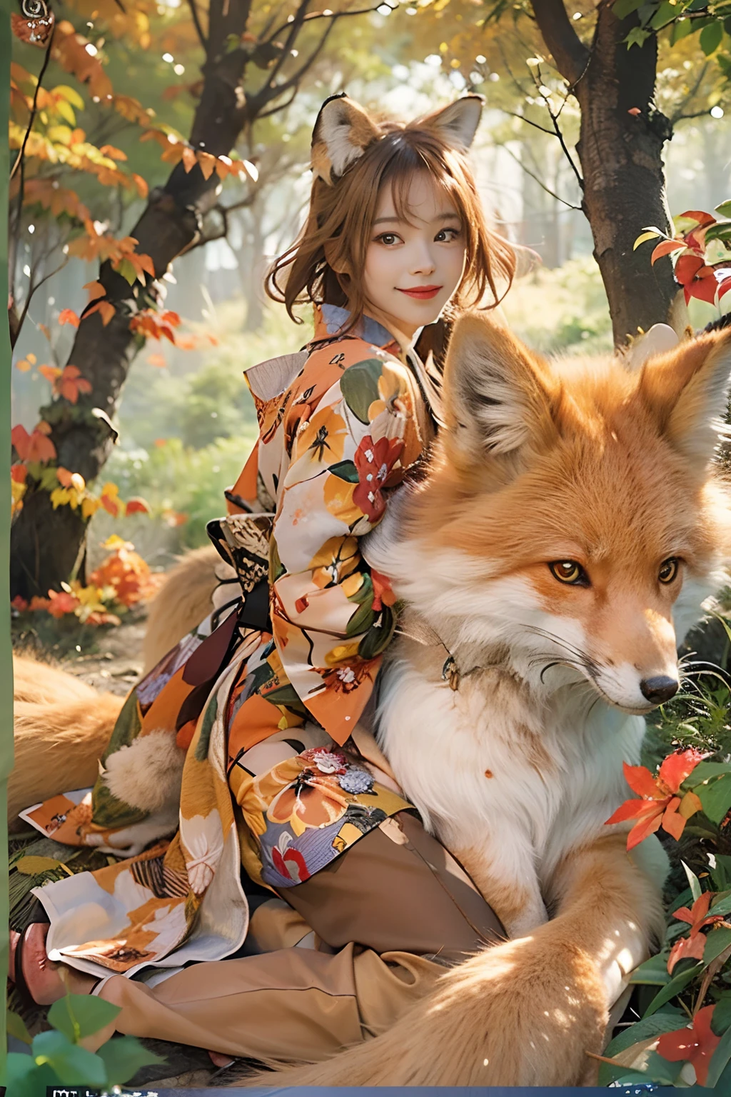 Two-shot photo of a girl and a fox,(Fantasia,Kitsune Yokai Four-Tailed Heavenly Fox,),(Smiling Girl and Fox Youkai: The Tale of the Four-Tailed Heavenly Fox),
(Smiling happy girl bent over deep in the forest and looking up,Fox Yokai Two-shot of a fox protecting a girl's back Poster of the four-tailed heavenly fox),
(natural soft light.)(Sunlight,),(Sunlight,),(Professional Lighting.),
(glossy light brown and orange two-tone color,,,,,Wave Shortcut Hair,disheveled hair,),japanese kimono,Geta,Cute round face red lipstick,A cute smile that makes the viewer happy,
autumn forest,Strong wind soaring over dead leaves
Digital Illustration,
(Photorealsitic:1.3),(Raw photo.),
(masutepiece,top-quality,Ultra-high resolution output image,)
(The 8k quality,),(Image Mode Ultra HD,),(Image Mode Ultra HD,),(Sea Art 2.1:1.3,),Japan Anime Fantasy,