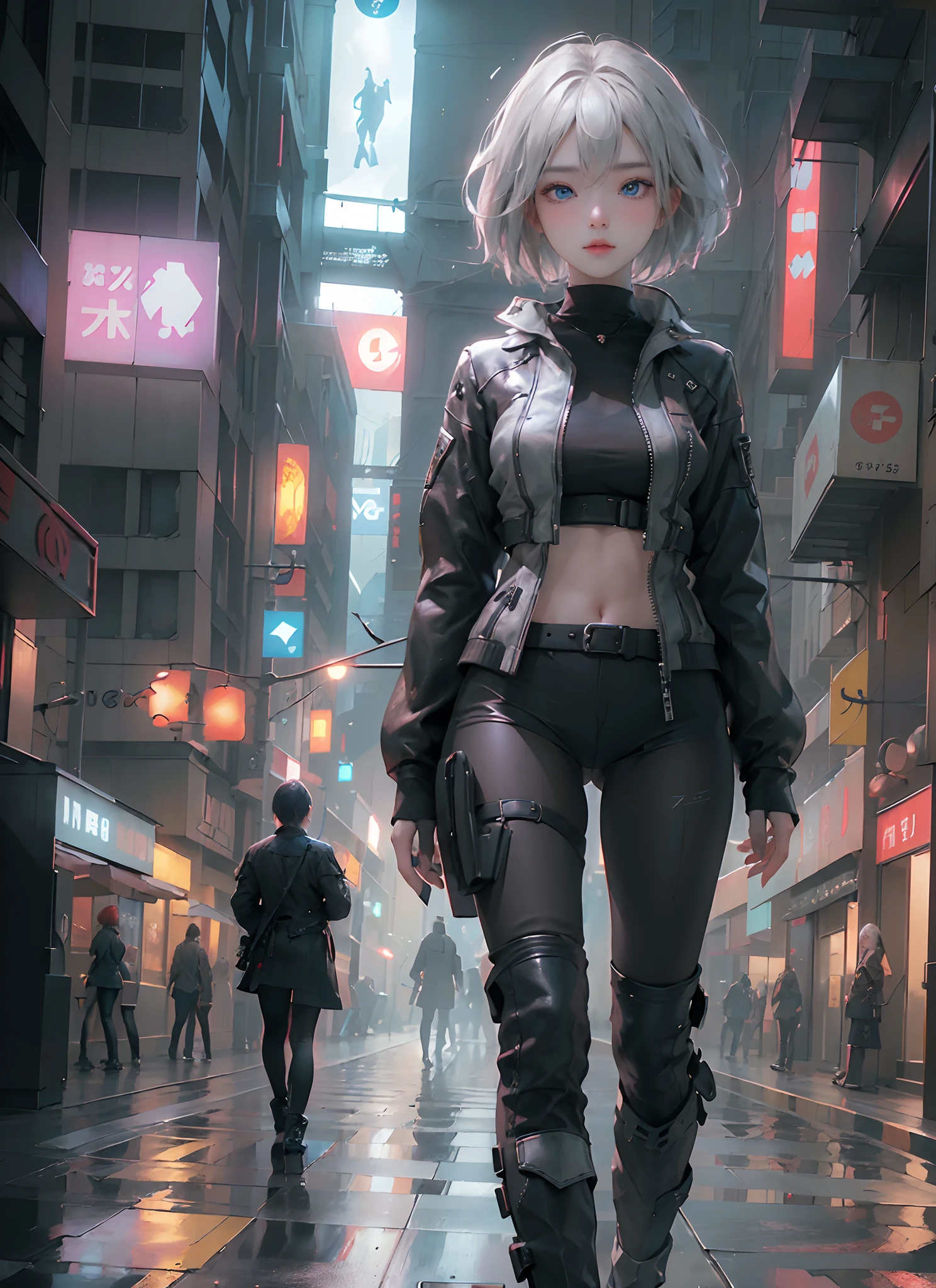 ((top-quality)), (((​masterpiece)), (detaileds: 1.4), 3D, Beautiful Cyberpunk Woman Image, bob cuts, Broken black tights, leather clothes, Electromechanical, nffsw(HighDynamicRange), Ray traching, NVIDIA RTX, Hyper-Resolution, Unreal 5, Sub-surface scattering, PBR Texture, Postprocess, Anisotropy Filtering, depth of fields, Maximum sharpness and acutance, Multilayer Texture, Albedo and Highlight Maps, Surface Coloring, Accurate simulation of light-material interactions, perfectly proportions、octane renderings、two tone lighting、Large aperture、Low ISO、White Balance、thirds rule、8K Raw、​masterpiece、top-quality、(8k extremely detailed CG unit wallpaper)(top-quality)、(The best illustrations)、(Best Shadows), innocent blue eyes, long hair, big titt