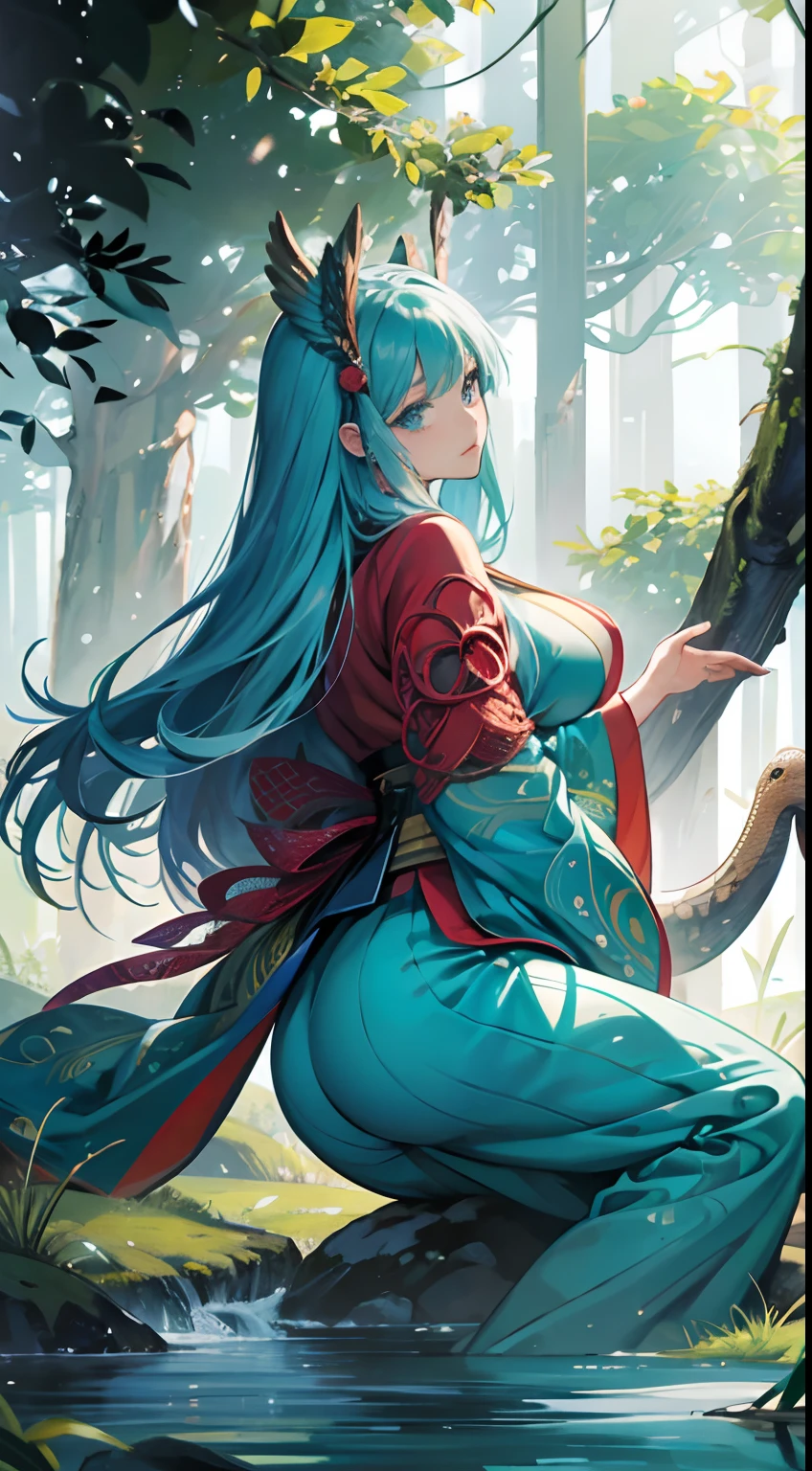 Wanda Gág, Japanese anime, Surreal, mysterious, strange, fantastical, absurd, fantasy, Sci-fi fantasy, forest where gods and spirits live, solo girl, beautiful perfect voluminous body, encounter with mysterious birds, summoning ritual of wind spirit, trial of dreams and illusions shown by the snake god, hyperdetailed high resolution high definition high quality masterpiece, huge tits flaunting, large ass