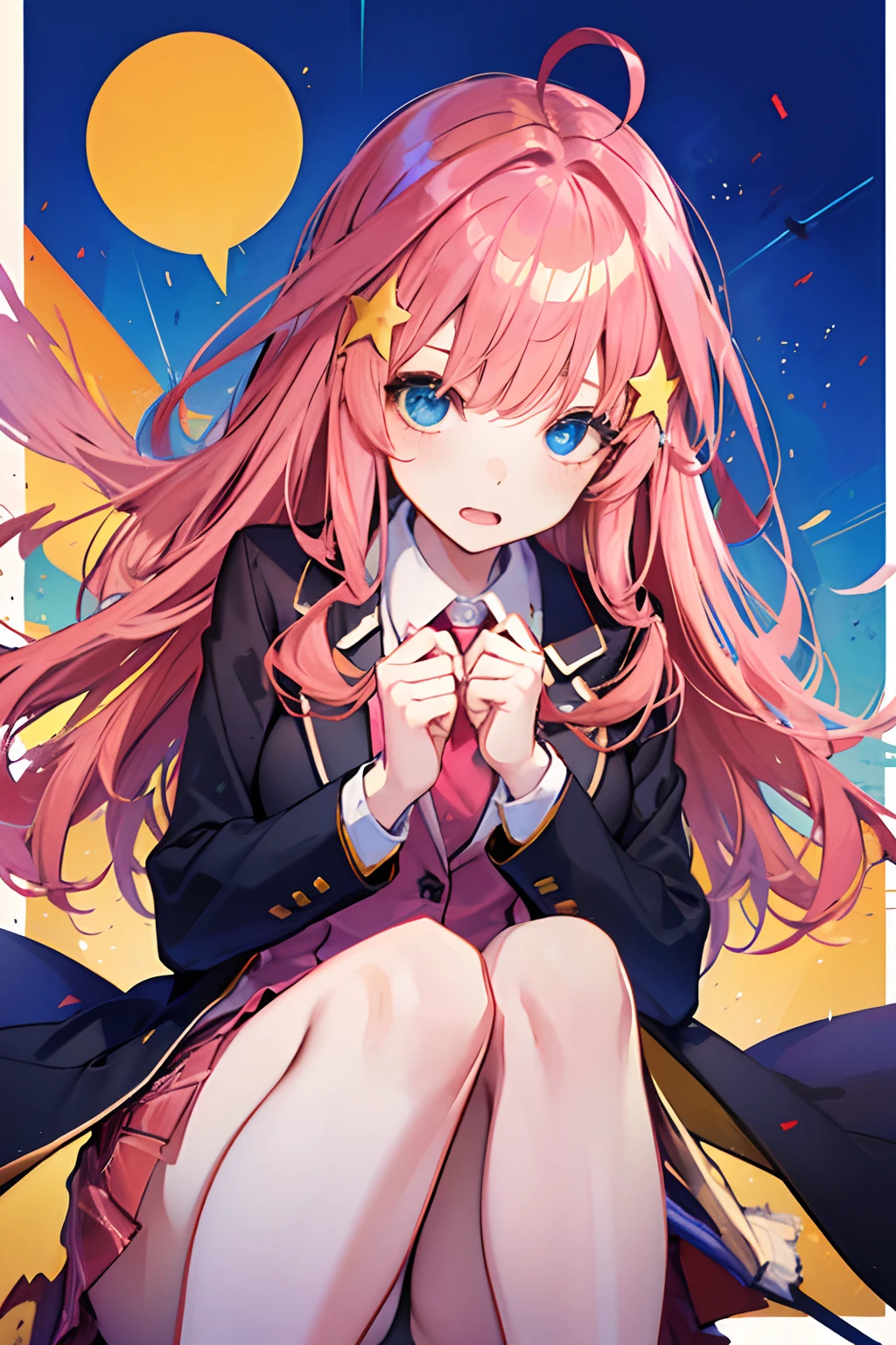 nsfw,yellow star hair ornament on both left and right,2 stars,wavy hair, blazer collar in white line ,pinky red hair,solo,girl,orange hair highlight,,big bast,{pink sweater}, blue eyes ,{black blazer}, ahoge,Top image quality,Masterpiece,Best Quality