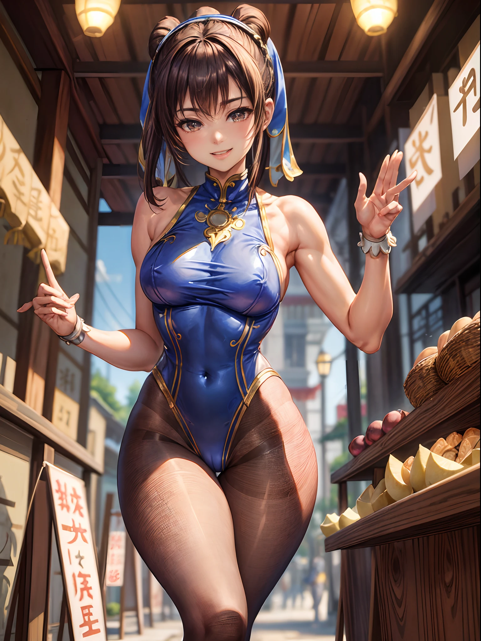 top-quality、Full limbs、complete fingers、Slender beauty、poneyTail、Medium hair、Brown hair、((Chun-Li blue china leotard))、((Brown pantyhose))、Beautiful Large Breasts、Chinatown、is standing、sexypose、A big smile