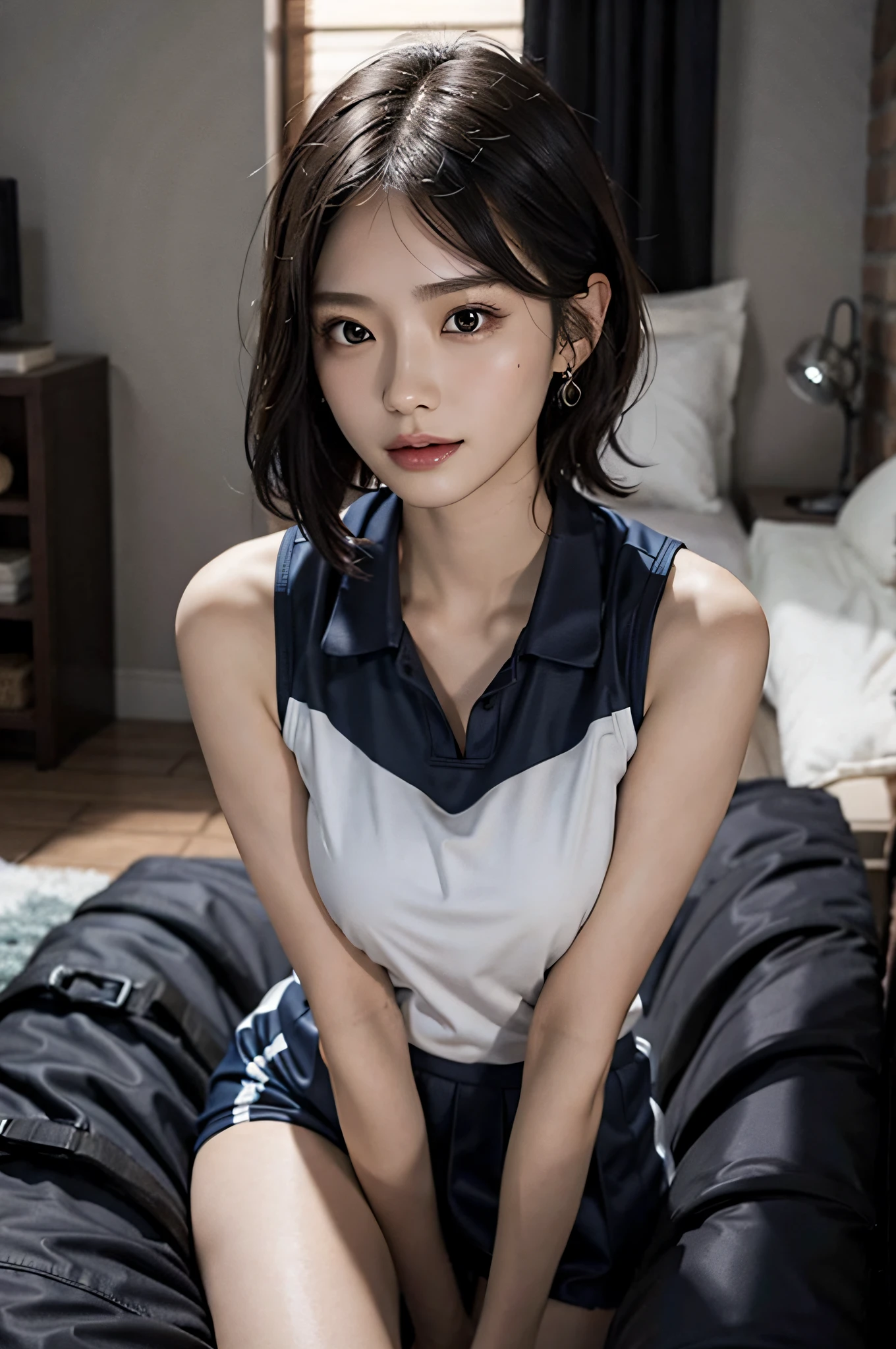 (very huge round breasts, perfect anatomy:1.4), (short hair, wavy hair, full body:1.1), (sleeveless, volleyball uniform:1.4), whole body, RAW photo, extremely delicate and beautiful, masterpiece, Best Quality, ultra high resolution, 16k, hyperrealistic, ultra-detailed, Very detailed CG 8k wallpaper, Beautiful Lighting, Perfect Lightning, Realistic Shadows, super Detailed shiny skin, perfect figure, Japanese woman, late 20s, Slim body, Slim abdomen, very small head, handsome detailed woman, very detailed eyes and face, realistic face proportions, Stunning detailed eyes, Realistic beautiful face, very small face, Realistic small beautiful eyes, double eyelids, makeup, tearful mole, mole on chest, earring, bare legs, beautiful and very thin legs, beautiful and very thin thighs, narrow waist, (cleavage, Soft midriff, Fine Collarbone, off-shoulder:0),
