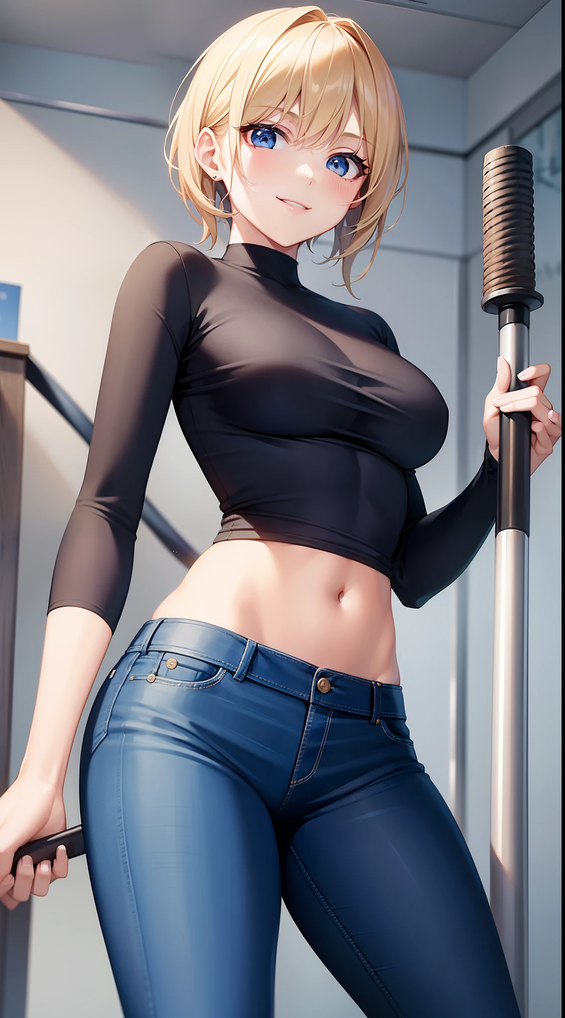 young girl, short blonde hair, high ponytail, blue eyes, Smile, Blue tight shirt, Jeans, Open showers, two swords, Fly on ropes, Masterpiece, hiquality, 4k, HD, Good detail