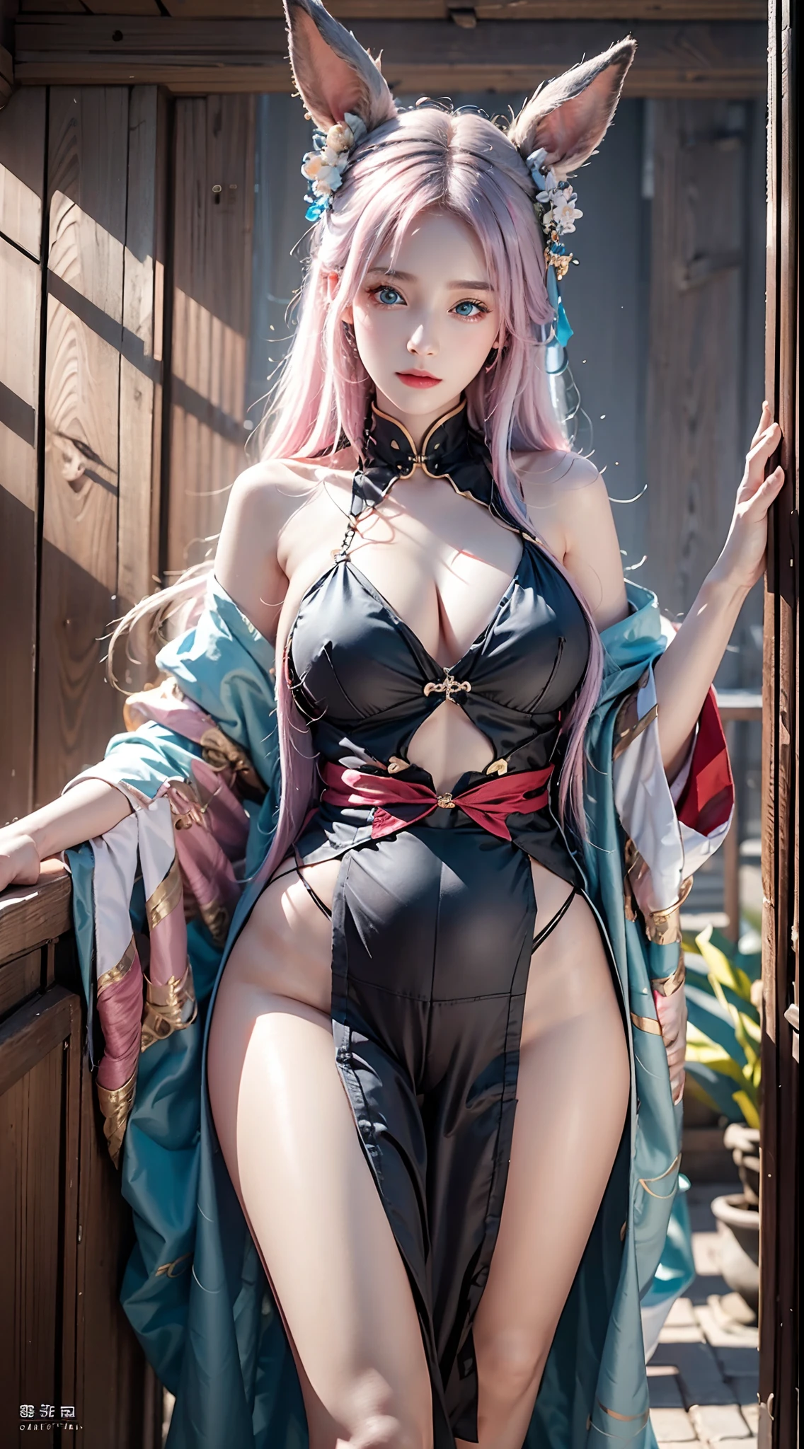 photorealistic, masterpiece, photorealistic, high resolution, soft light, hips up, (blue eyes, pink hair), fake rabbit ears, hanfu, jewelry