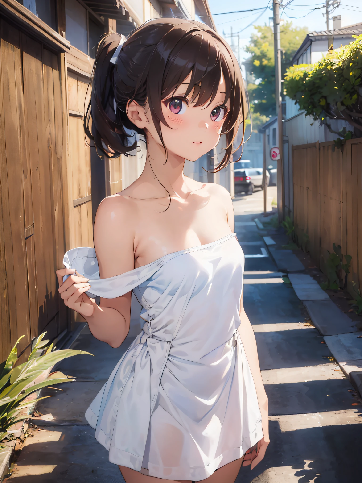(masterpiece:2.0), (top-quality:2.0), (white Tube top extremely short length dress made by towel:1.5), (perfect exposed shoulders:1.5), (perfect exposed nape:1.5), (super sexypose:1.5), (blushed face:1.3), (barechested:1.3), (realistic:1.5), 1 girl, precise small hands, Embarrassed look, light smile, extremely cute girl, innocent face, young face, Clear eyes, Shining eyes, shoulder is visible, small breast, thigh is visible, No pubic hair, The beautiful skin, ultra-definition, Top resolution, japan high school student, brown hair