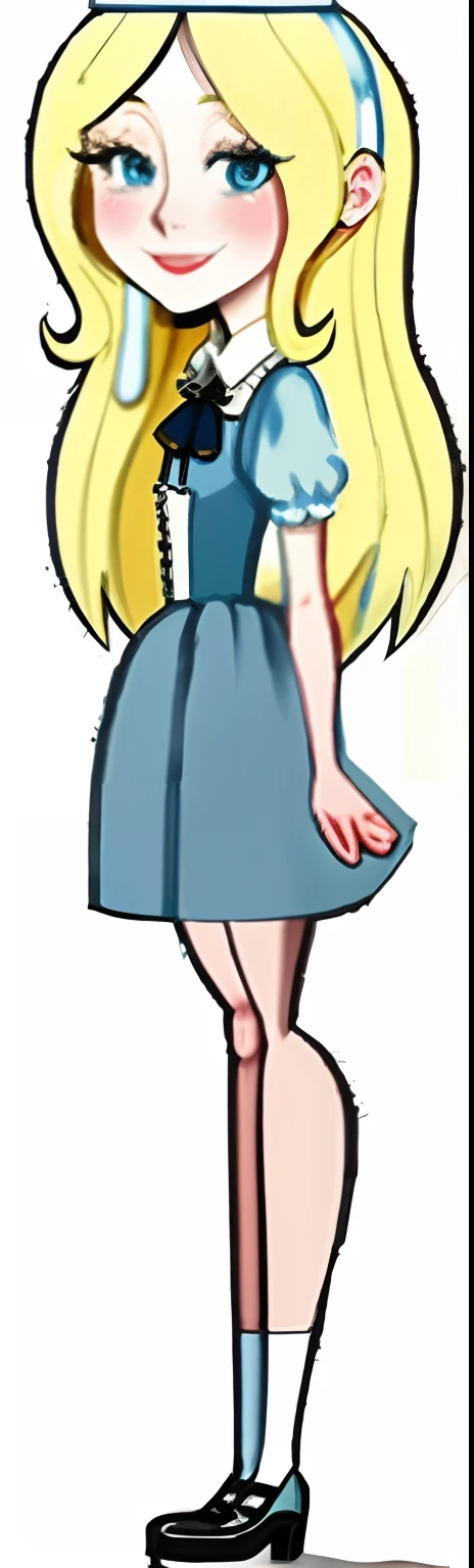 Cartoon character of a woman dressed in a blue and white dress, alice from alice in wonder land, inspired by Alice Prin, alice, portrait of alice in wonderland, alice's sister, official art, like alice in wonderland, alice in wonderland style, alice attends mad tea party, from alice in wonderland, giant alice in wonderland, alice in wonderland, beatrice blue