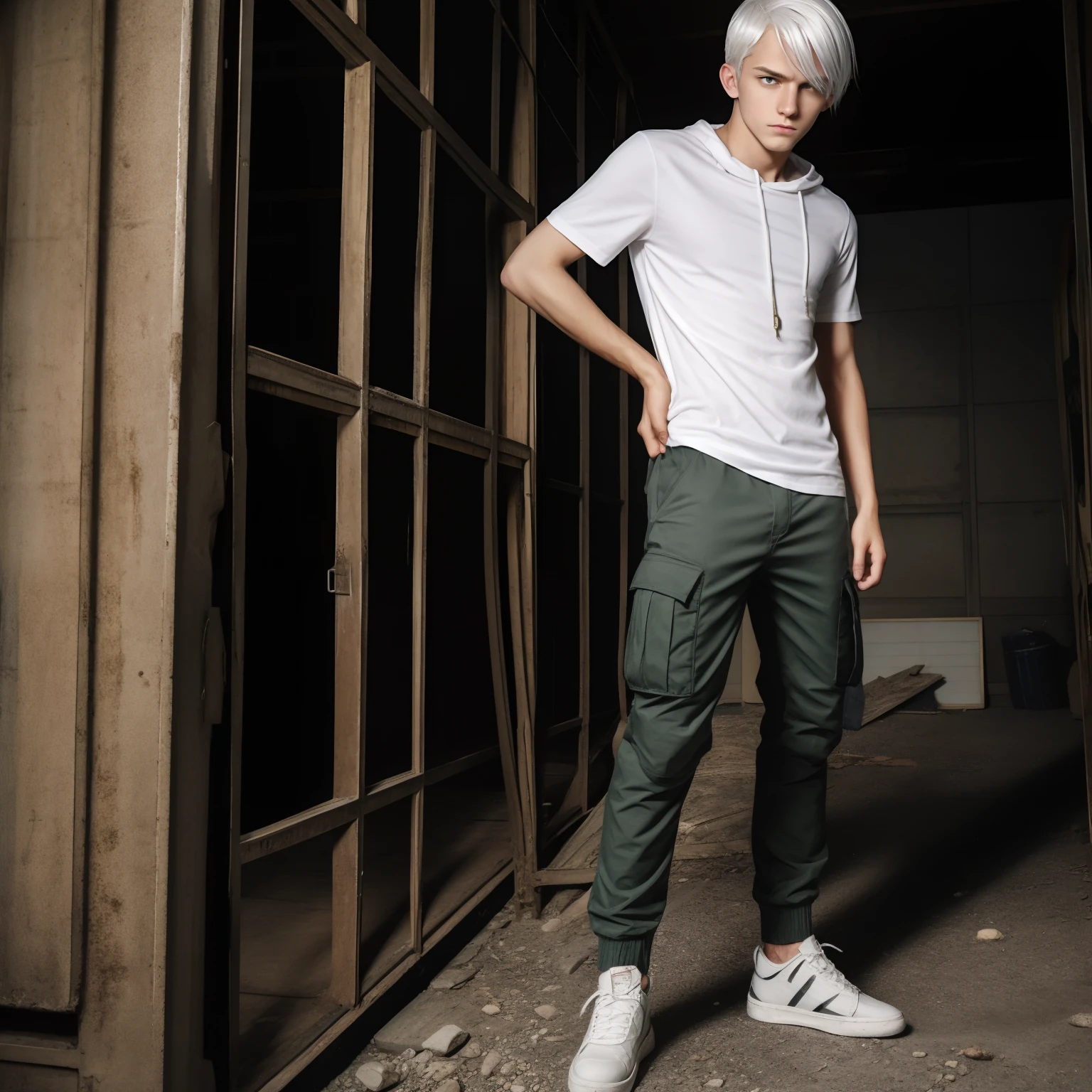 Teen male posing, downed cargo pants, skinny body, atmospheric, cute face, white hair, dead inside, plaid shirt, anger