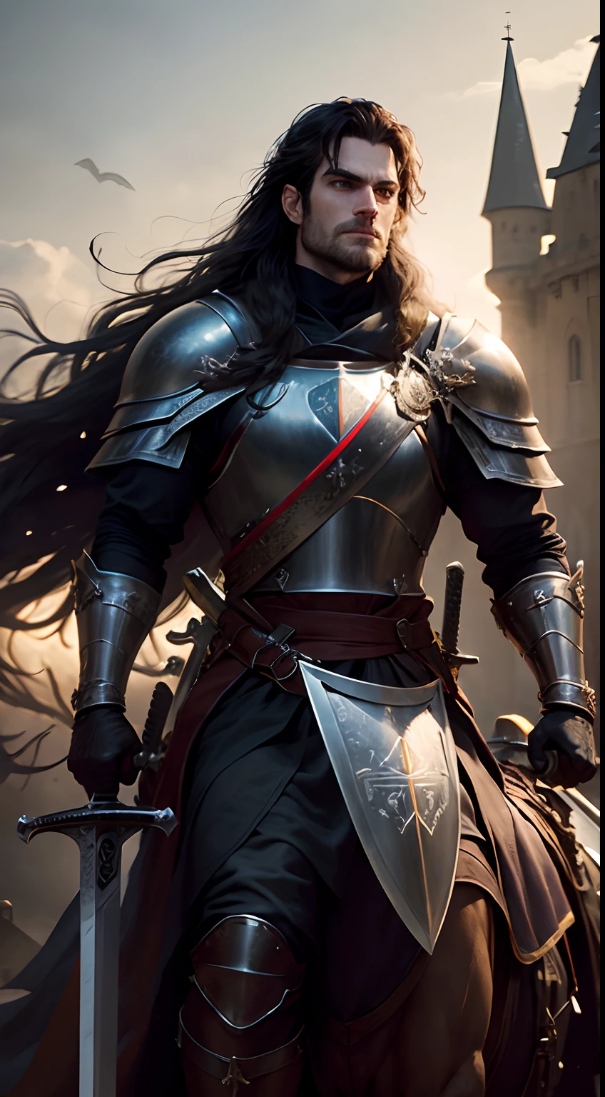 Henry Cavill, as a medieval Templar knight, long hair, robust, grim expression, clad in leather armour, ((large sword in hand:1.3)), riding a horse, on a battlefield, corpses and soldiers in background, castle visible at a distance, dusklight, Templar flag fluttering in the horizon, full body, distant view