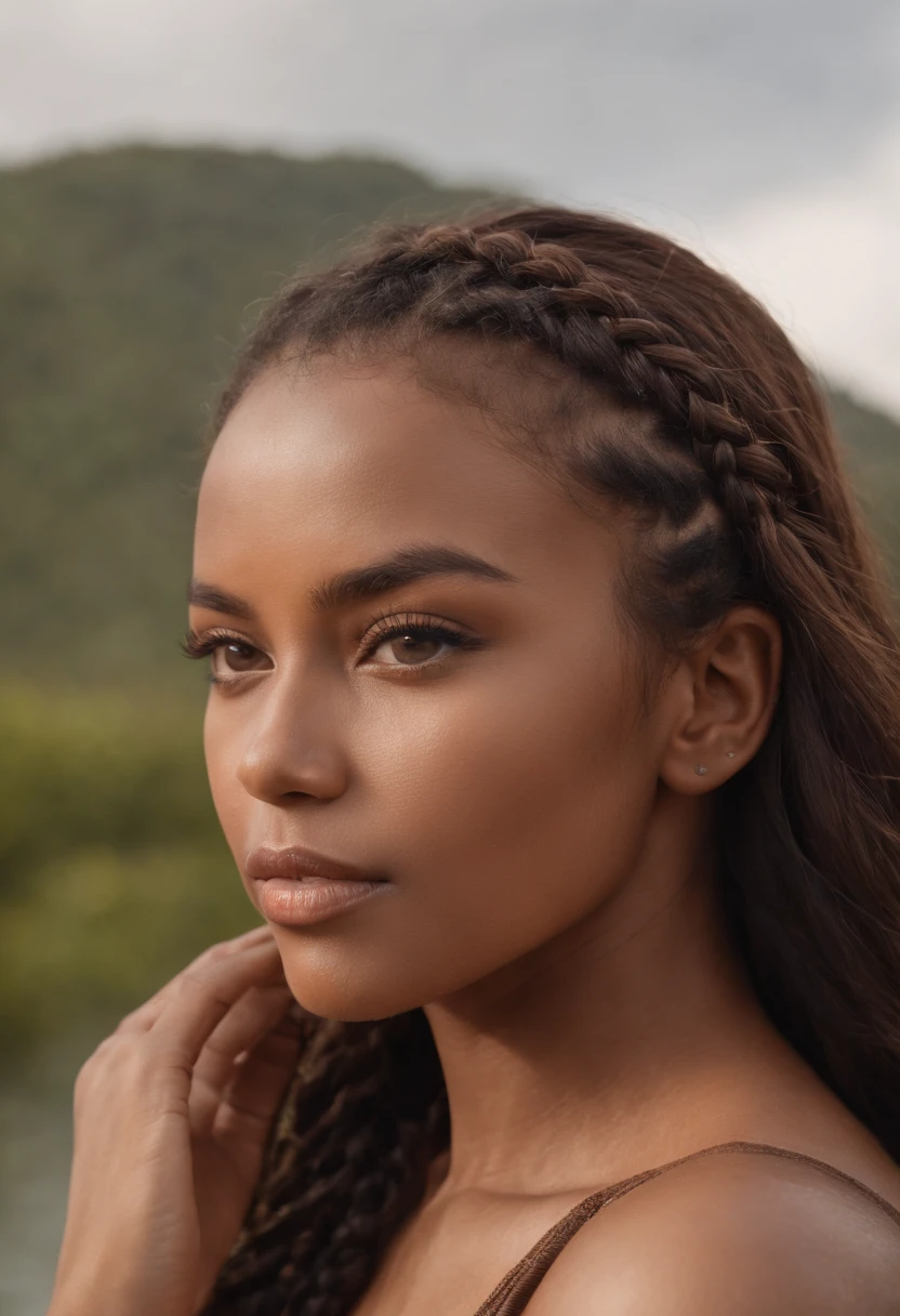 She is on a boat cruise. dark brown skin, beau visage, braided hair, cheveux longs, African tribal theme, ((Yeux noisette cristallins:1.2)), detailled eyes, beaux yeux, ((Masterpiece, UHD, 8k)), profondeur de champ, Jamaican trees, clivage, gros seins, Concentrez-vous sur les yeux, seins qui sortent, detailed skin, texture de la peau, sexy shoulders, golden brown tan, Highly detailed skin, Cils longs, Mascara noir, visage parfait