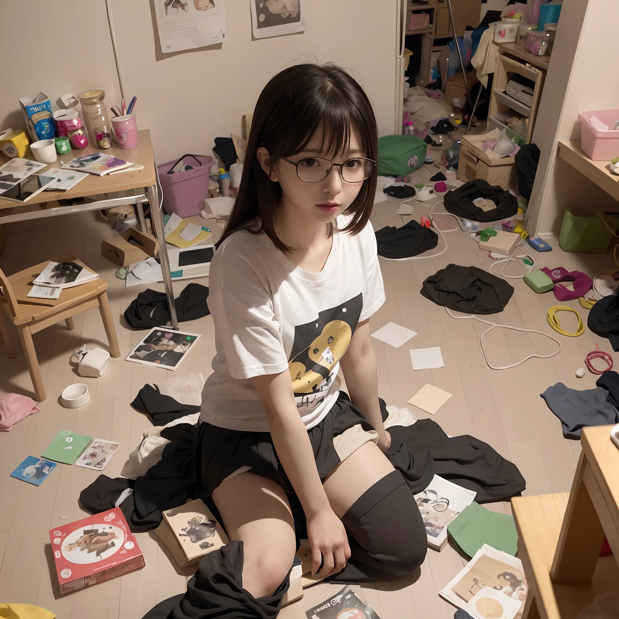 (8K、Raw photography、Top image quality、masterpiece、:1.2)、(realisitic、Photorealsitic:1.37)、1人、独奏、(Sitting on the garbage in an incredibly dirty room、Cute Japan girl operating smartphone:1.4)、Anime Otaku Girls、A dark-haired、short-hair、dishevled hair、Unkempt hair、bangss、Happy expression on face、Small bust、Wearing glasses、Anime Character Print T-Shirt、a miniskirt、head phone、Sitting on the floor、Agra、Room full of garbage、Garbage with rolled tissue、Surrounded by mountains of cartoons、Lots of anime character figures are on display.、Anime poster on the wall、Potato chips on the desk、Spilled potato chips、Roll Energy Drink、Scattering of food waste、Messy room、Underwear left undressed on the floor、超A high resolution、physically-based renderingt、cinematlic lighting、dynamic ungle