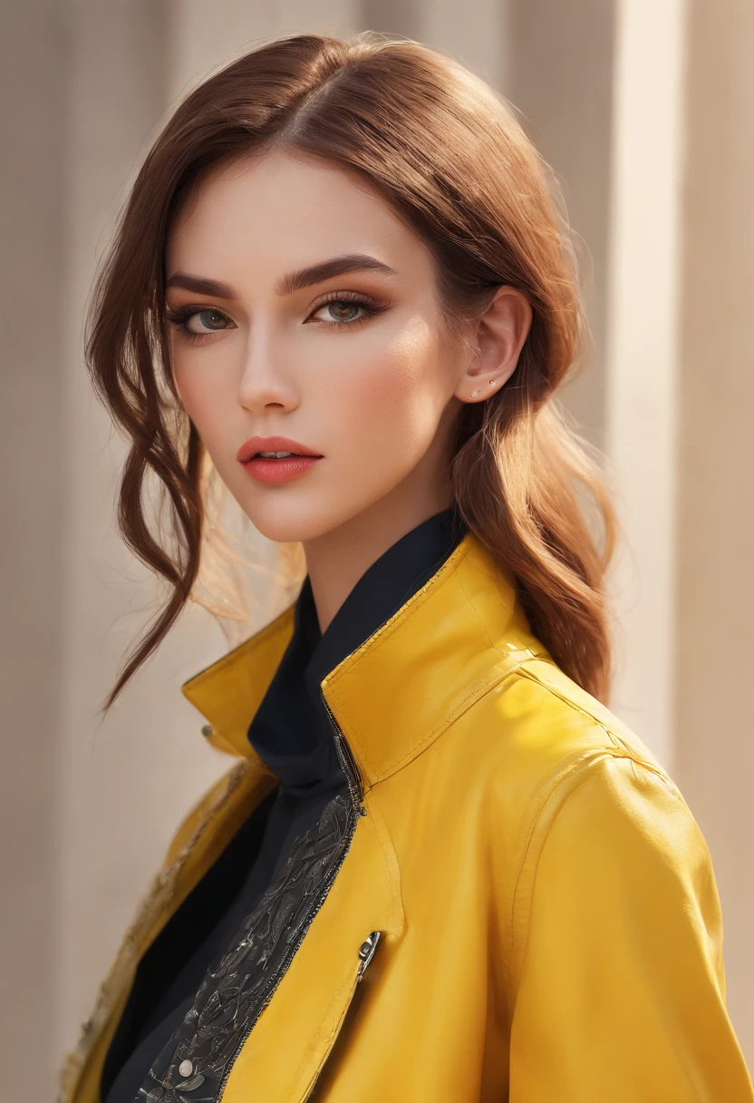 a woman in a yellow jacket and earrings, in style of digital illustration, digital art of an elegant, drawing style, luxury fashion illustration, beautiful yellow woman, illustration style, cartoon style illustration, detailed fashion illustration, trending on artstration, beautiful drawing style, glossy digital painting, digital drawing, detailed woman, stunning art style