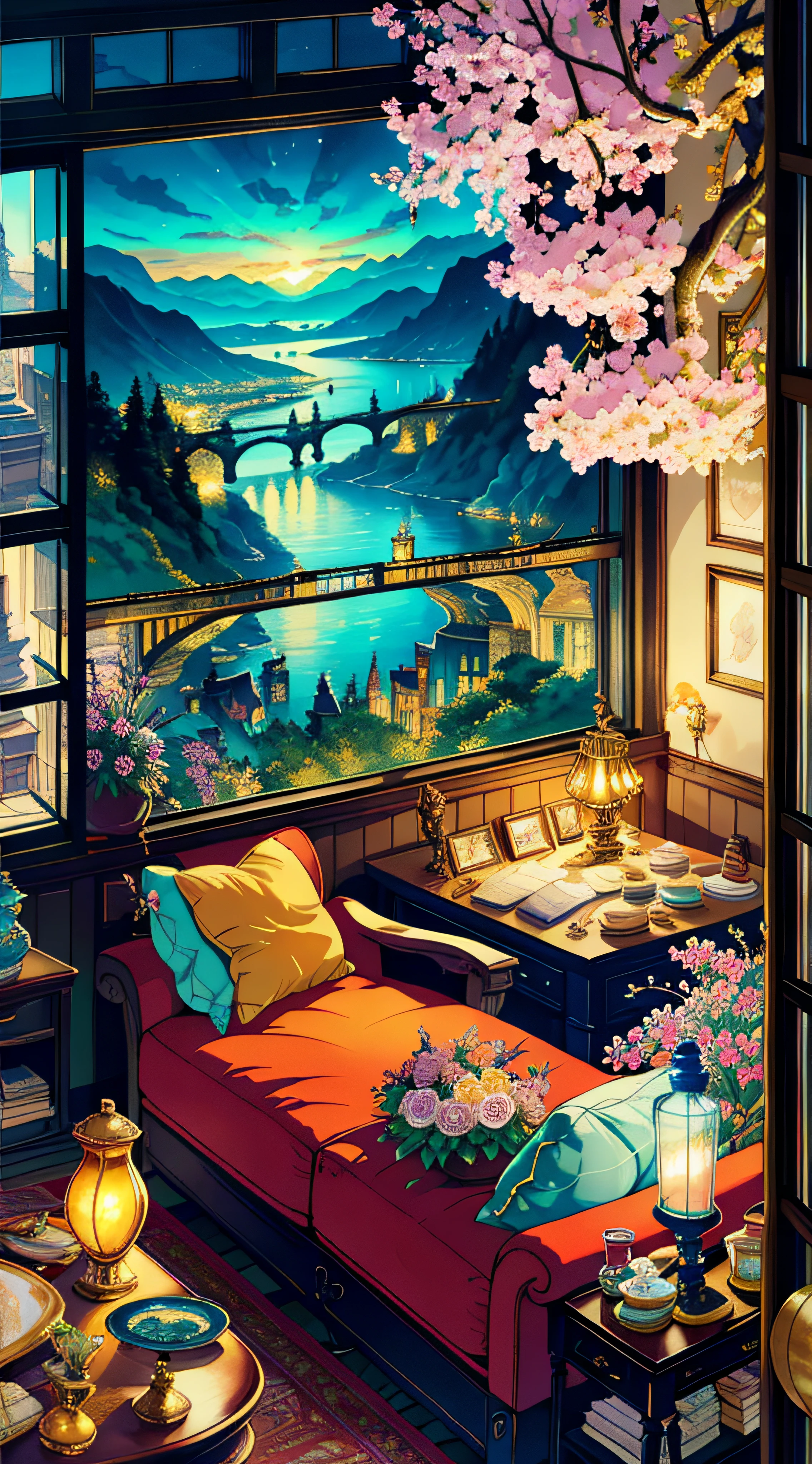 A masterpiece, an exquisite view from a large window, shelves with books, watercolor paintings, paintings on the walls, a fireplace, chic furniture, gold elements, figurines, pots with branches, bottles, glasses, cups, plates, crystal, a chest of drawers, a sideboard with a variety of books, dishes, a dreamcatcher, a neon garland, a multi-colored garland, highlights, an exquisite interior, a view from the window, a bridge, the sea, mountains, sunset, a city, neon light, night, a bed, a sofa, pillows, sconces, flowers, daylight, bright room, illuminated room, lots of light