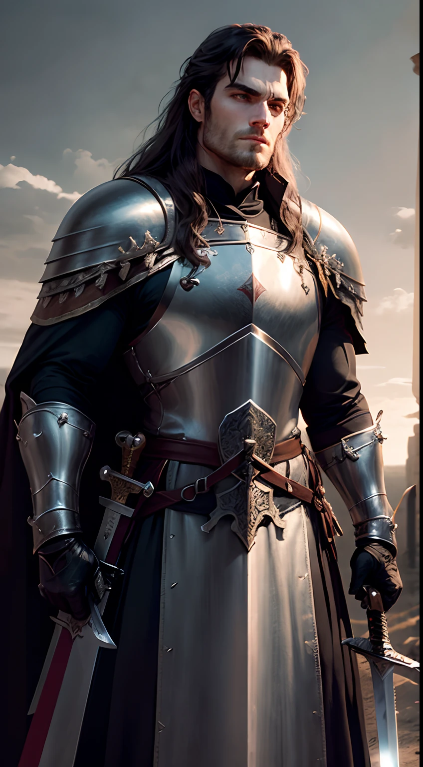 Henry Cavill, as a medieval Templar knight, long hair, robust, grim expression, clad in leather armour, ((large sword in hand:1.3)), riding a horse, on a battlefield, corpses and soldiers in background, castle visible at a distance, dusklight, Templar flag fluttering in the horizon, full body, distant view