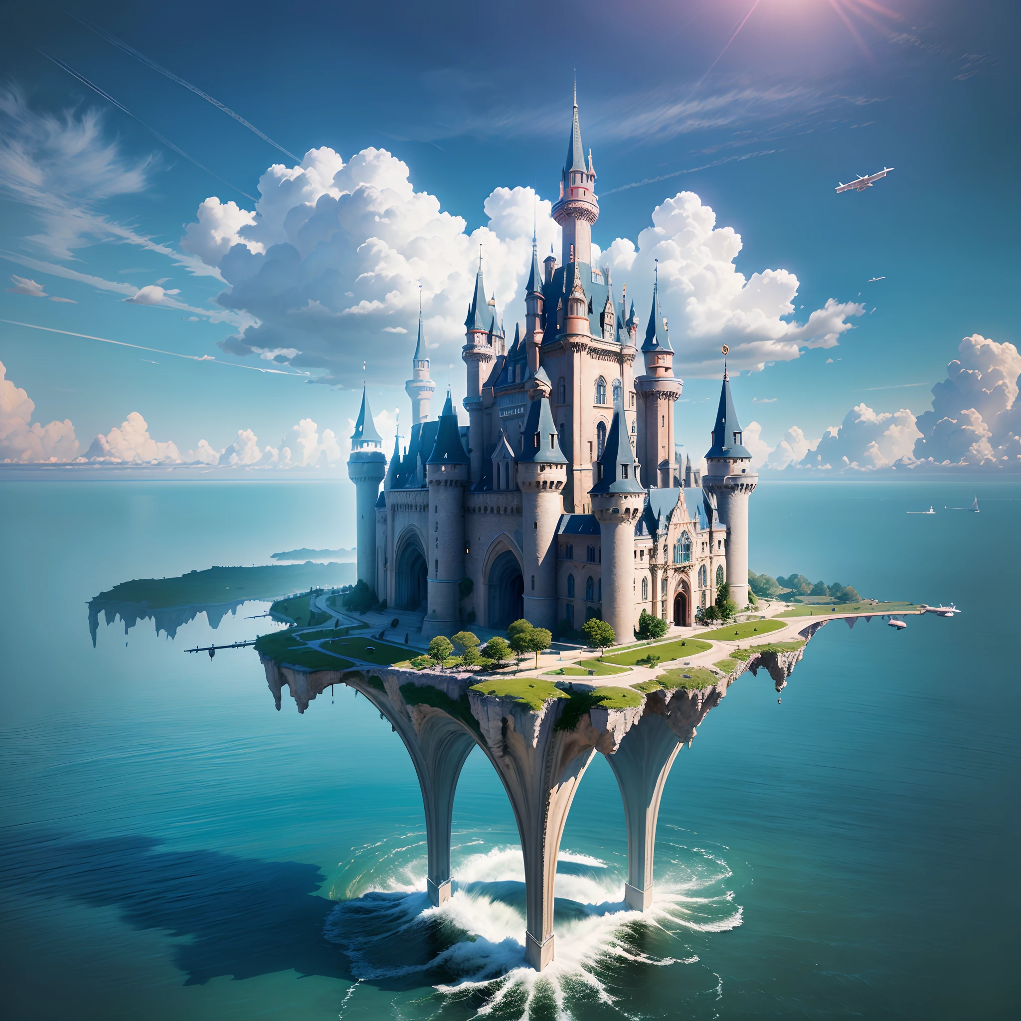 (Best quality,A high resolution,Masterpiece:1.2),Ultra-detailed,(Realistic:1.37),(((Castle flying over the sea))),((Equipped with an extraordinary flight propulsion system)),(Metallic texture),Vibrant colors,Fantastical Atmosphere,scifi aesthetic,intense perspective,ethereal clouds,A seamless blend of nature and technology,Modern miracle,forward-thinking,Technological progress