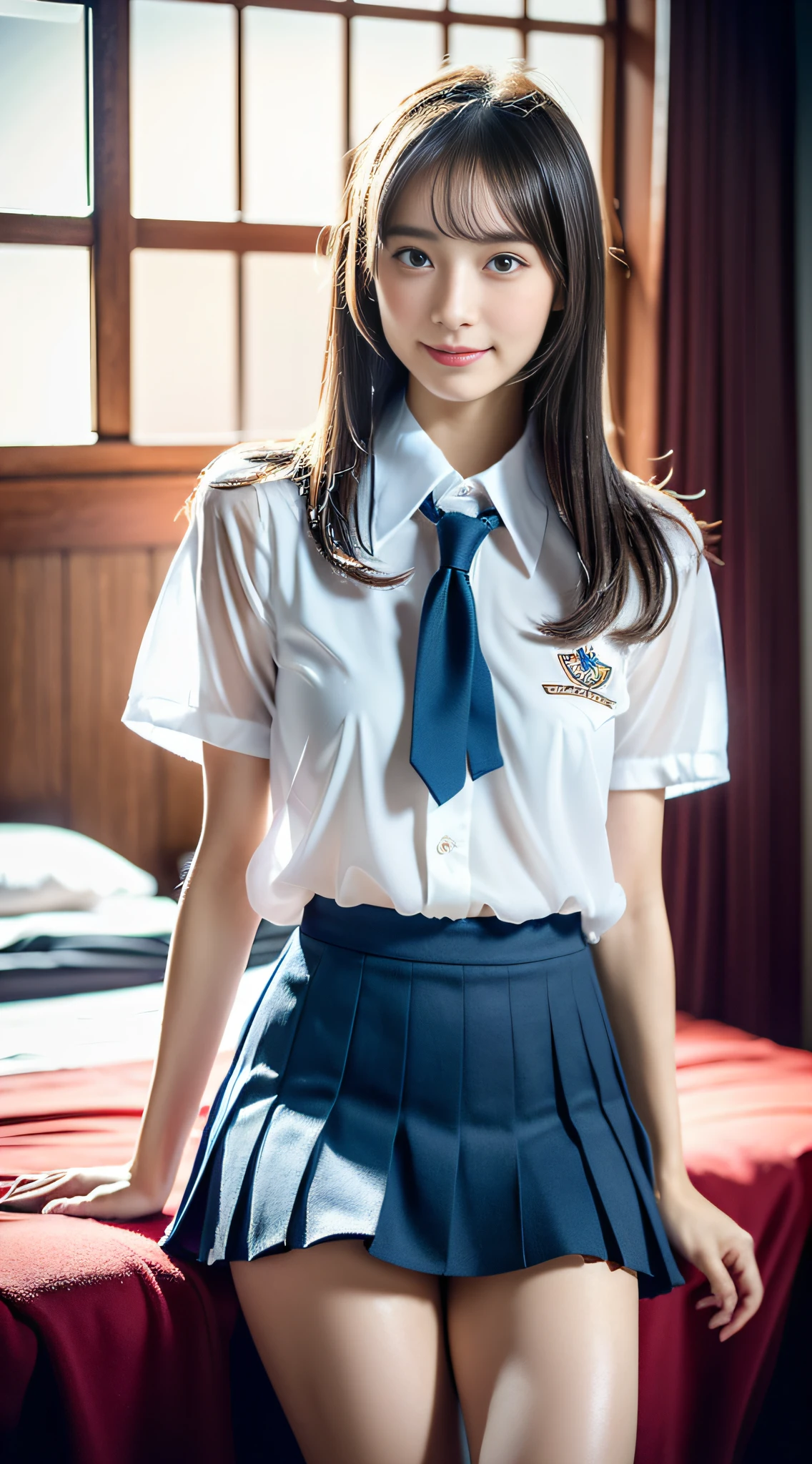 (((32k,high detal,high-detail、masterpiece,Attention to detail,full body Esbian,Lori,独奏))),Raw photo & realistic atmosphere,beautiful dark blue eyes,Detailed mouth,Glossy lips,Detailed eyebrows,Eyes drawn in detail with soft white skin that shines in every detail、Very beautiful eyes with azure eyes,Detailed lips、Very beautiful face,Very well-formed face、Lifelike face,shiny beautiful lips,Beautiful eyebrows,Infinite reality,Japan High School Student Uniform Best Design, Realistic Young Gravure Idol, Very cute high school girl, , japanese girl school uniform,, Young Sensual Gravure Idol, Young Gravure Idol, Beautiful and sexy17 old schoolgirl,the whole body is wet,dripped out,with a flushed face,Incredibly beautiful sexy17 year beautiful girl,The body is dripping wet,Sheer clothing,Hair is wet,Dripping water,dripping,a miniskirt(,bare-legged,,Wet and see-through white short sleeve shirt,Beautiful kind eyes,Looking at the camera:1.5),(Beautiful smooth legs,Exposed thighs,Pull your buttocks up,Light blue lace bra and panties,Gentle smile,well-shaped breasts,,Immature body,Beautiful and sexy schoolgirl unusual design uniform with red and black base,Glossy crimson semi-long hair:Mount Position,Horse riding,Super emphasis on the thighs and crotch,Bed in a sexy dark room,See-through floral shirt made of lace,Micro Mini Pleated Skirt:1.9)