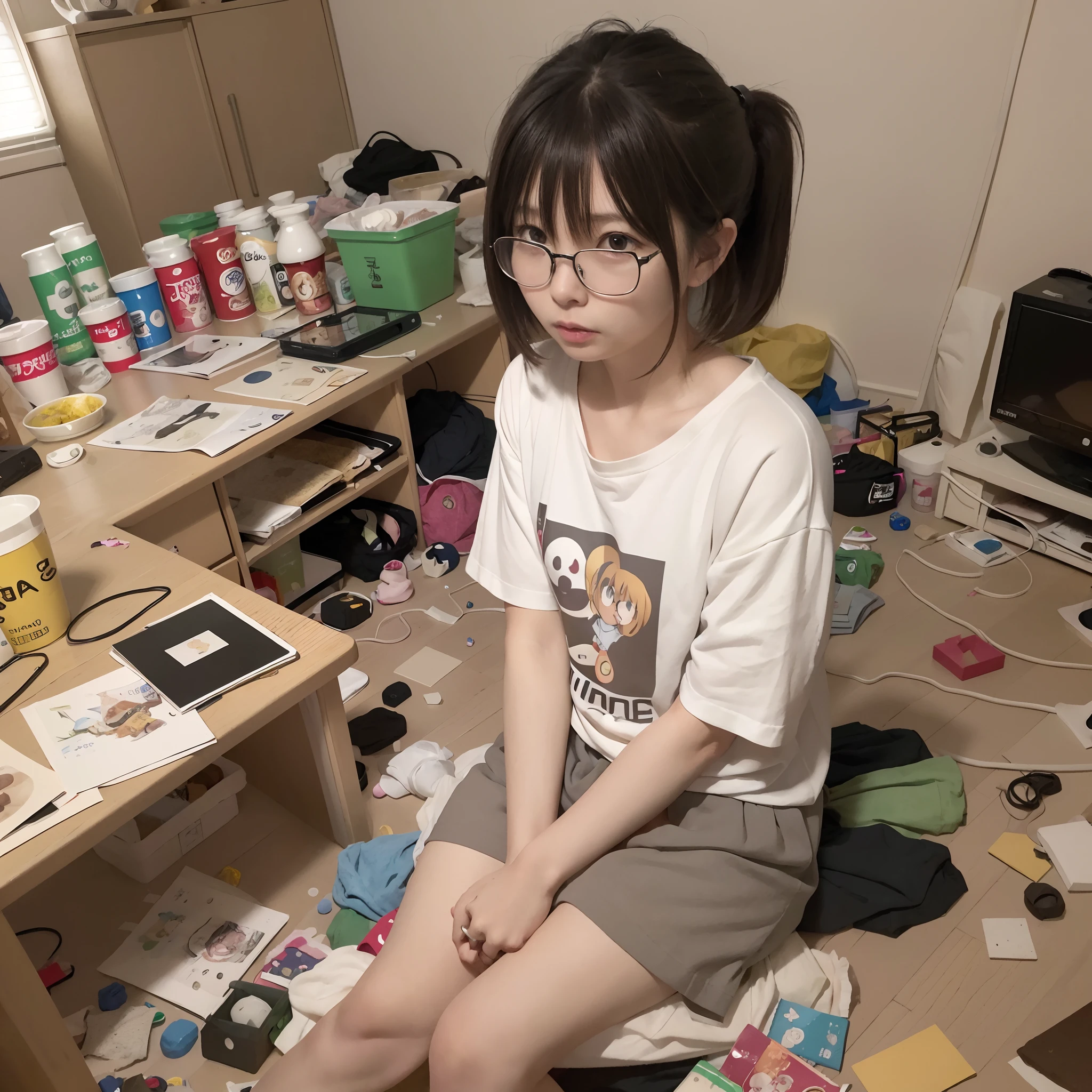 (8K、Raw photography、Top image quality、masterpiece、:1.2)、(realisitic、Photorealsitic:1.37)、1人、独奏、(Sitting on the garbage in an incredibly dirty room、Cute Japan girl operating smartphone:1.4)、Anime Otaku Girls、A dark-haired、short-hair、dishevled hair、Unkempt hair、bangss、Happy expression on face、Small bust、Wearing glasses、Anime Character Print T-Shirt、a miniskirt、head phone、Sitting on the floor、Agra、Room full of garbage、Garbage with rolled tissue、Surrounded by mountains of cartoons、Lots of anime character figures are on display.、Anime poster on the wall、Potato chips on the desk、Spilled potato chips、Roll Energy Drink、Scattering of food waste、Messy room、Underwear left undressed on the floor、超A high resolution、physically-based renderingt、cinematlic lighting、dynamic ungle
